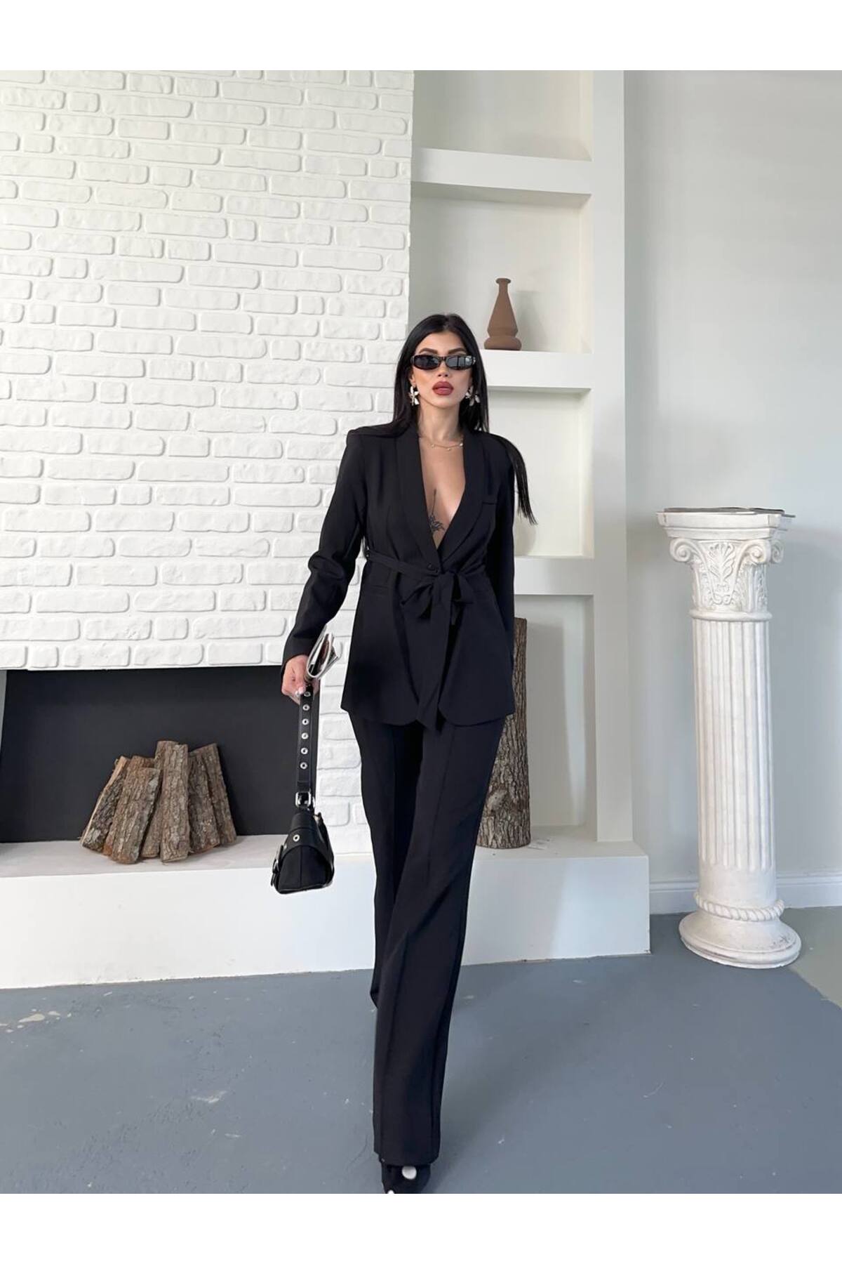 Damen Blazer-Jacke mit Gürtel und Hose, Set, Schwarz - Görsel 7