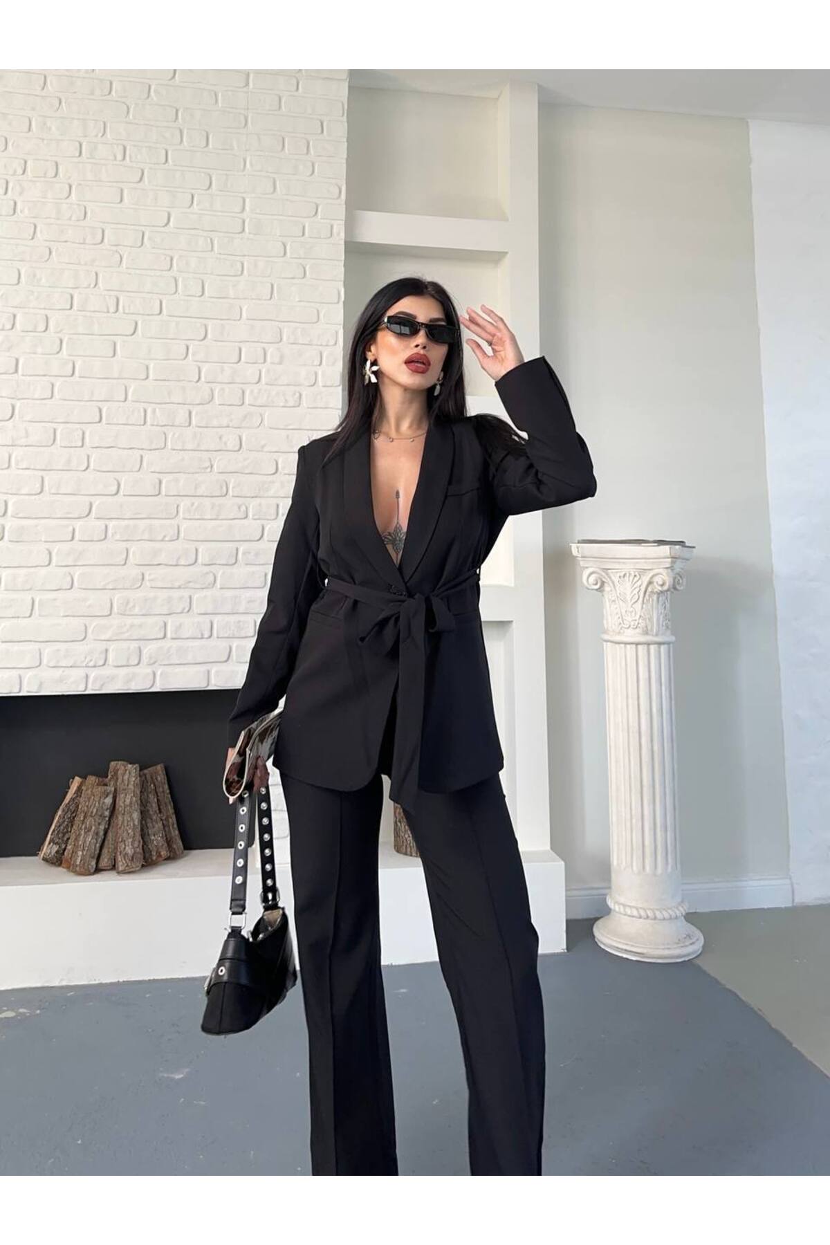 Damen Blazer-Jacke mit Gürtel und Hose, Set, Schwarz - Görsel 6