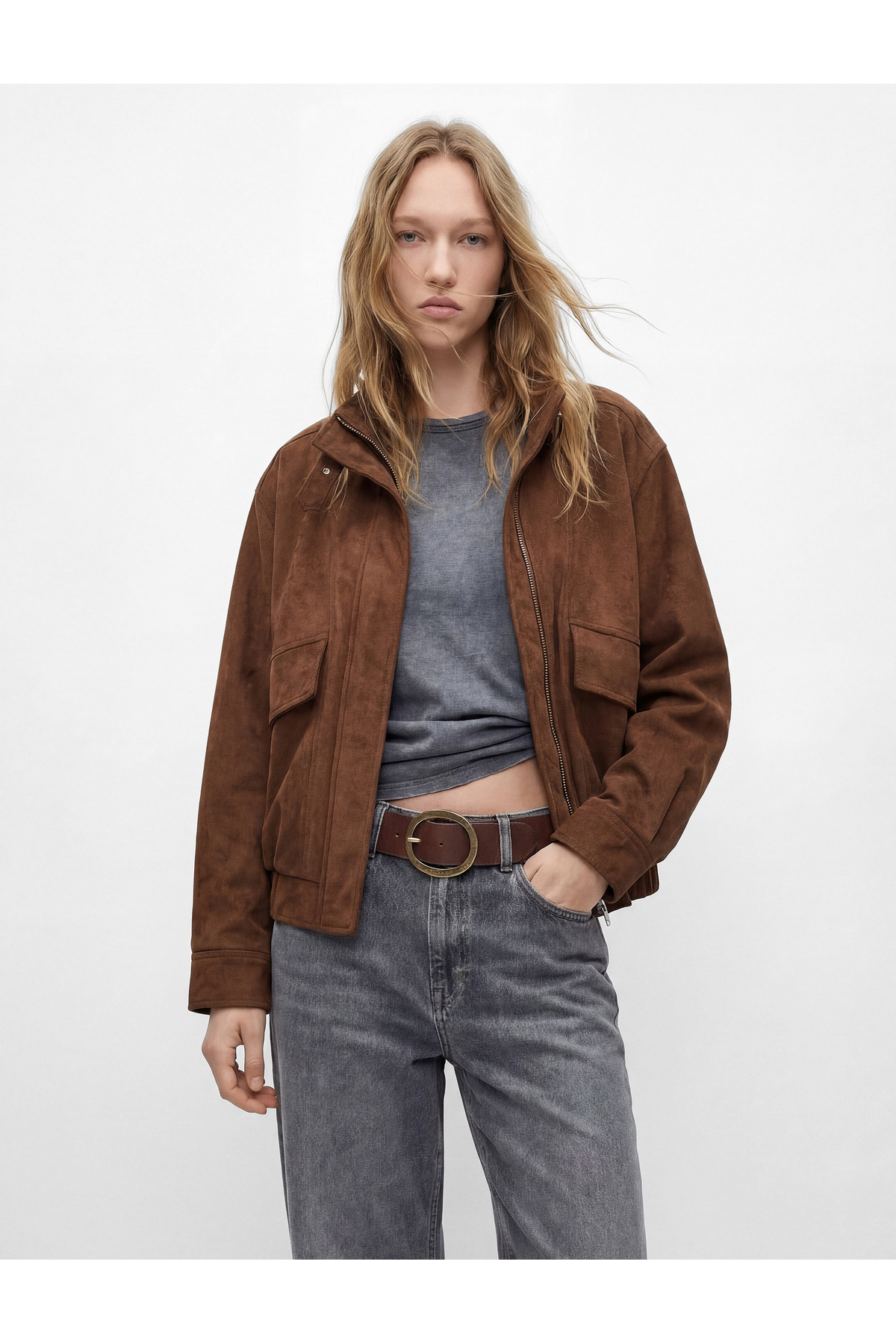 Koton  Uzun Kollu Cep Detaylı Fermuarlı Dik Yaka Süet Görünümlü Ceket