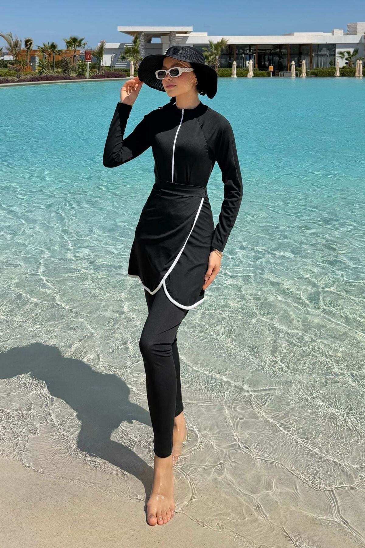 Piping Detailed Hijab 3-Piece Swimsuit Black