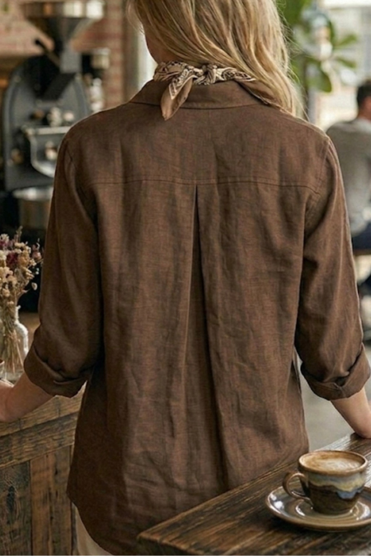 miremiran  Doğal Keten Kumaş Oversize Salaş Kalıp Kadın Gömlek Rahat Kesim KAHVERENGİ - Görsel 6
