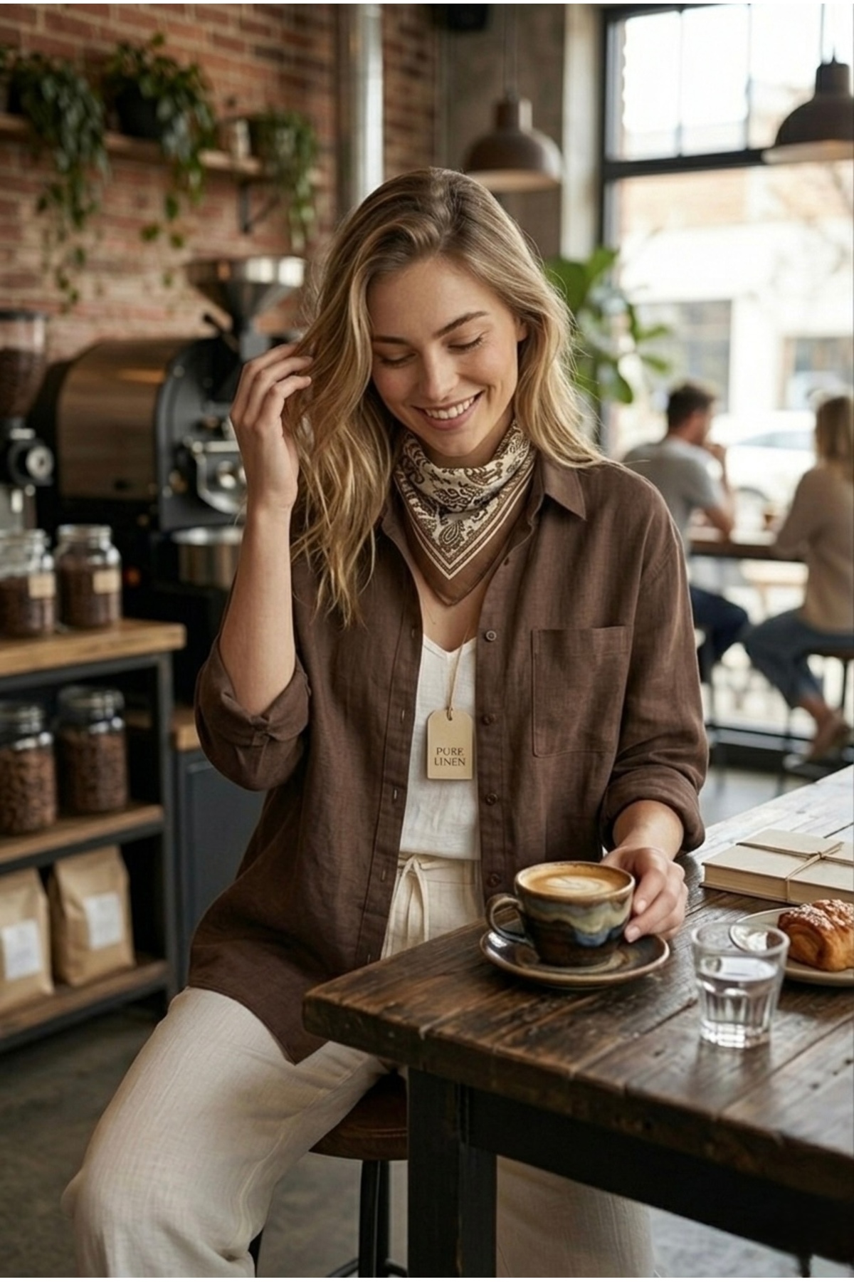 miremiran  Doğal Keten Kumaş Oversize Salaş Kalıp Kadın Gömlek Rahat Kesim KAHVERENGİ - Görsel 3