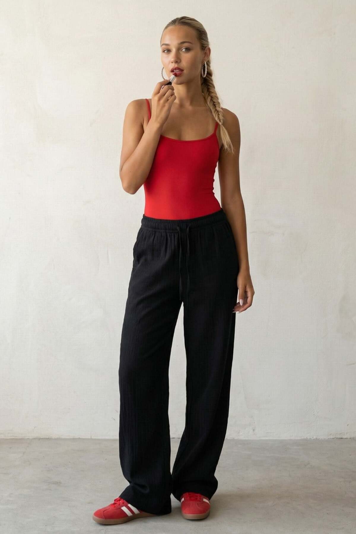 Madmext  Siyah Bol Paça Müslin Kadın Pantolon MG1980