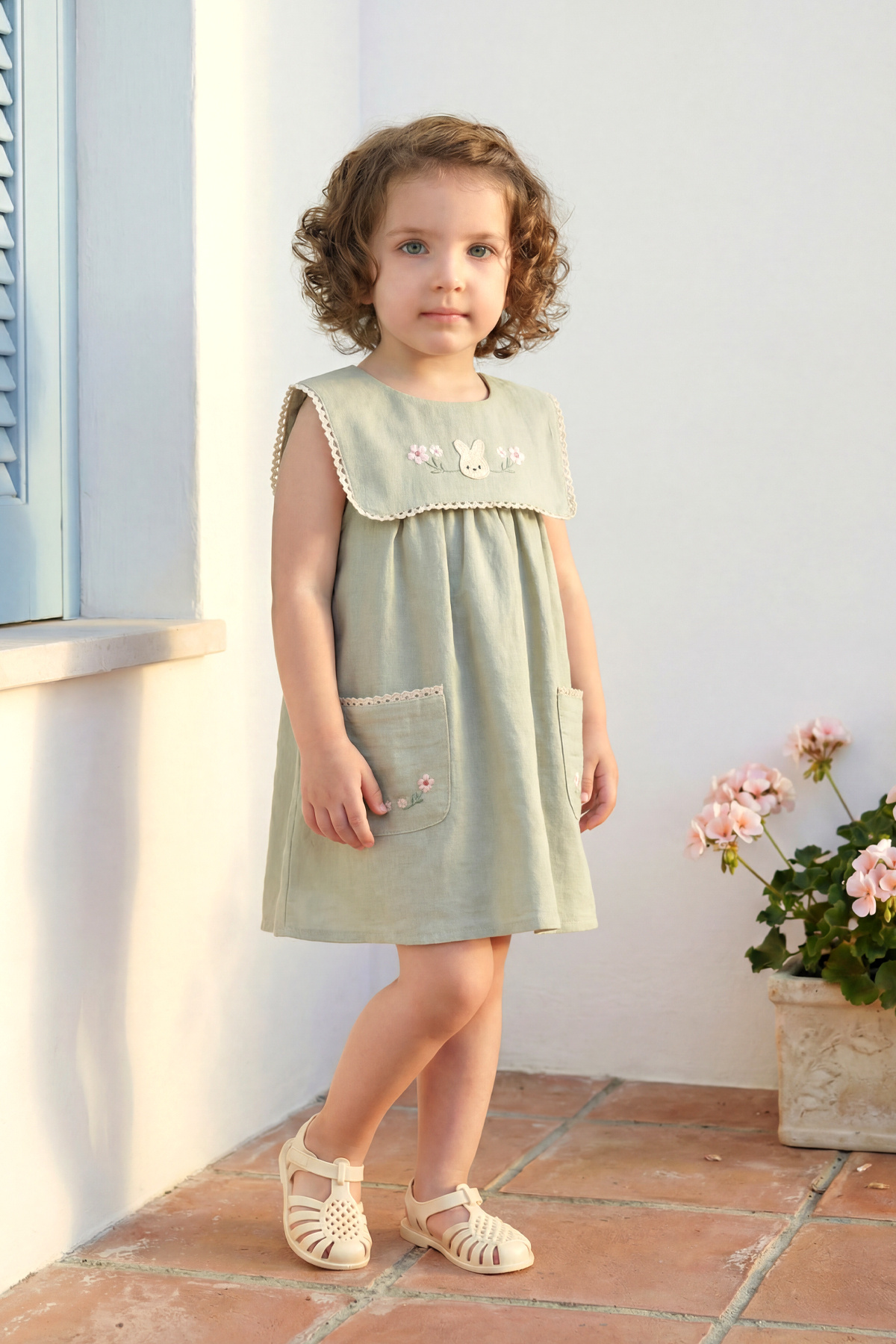 Minipodyum Kız Bebek Elbise Keten Yazlık Bebe Yaka Çağla