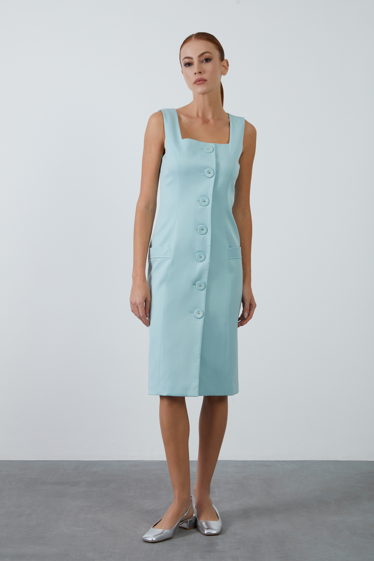 Color Square Collar Detailed Midi Size Pen Dress