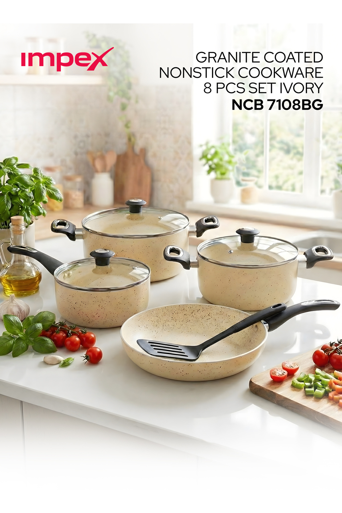 IMPEX 8-Piece Granite Nonstick Cookware Set – Ivory | 3 Casseroles,1 Frypan &...
