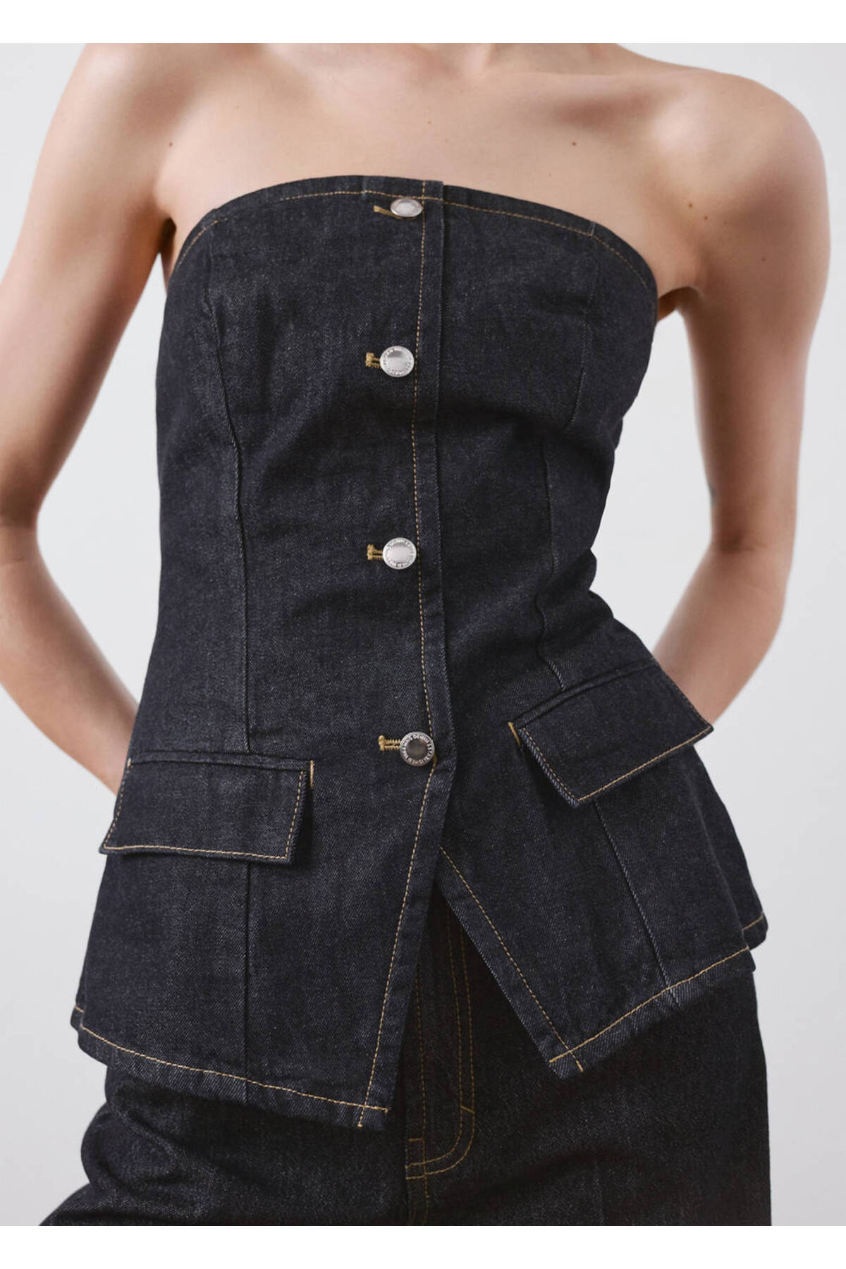 MANGO  Straplez denim bluz - Görsel 8