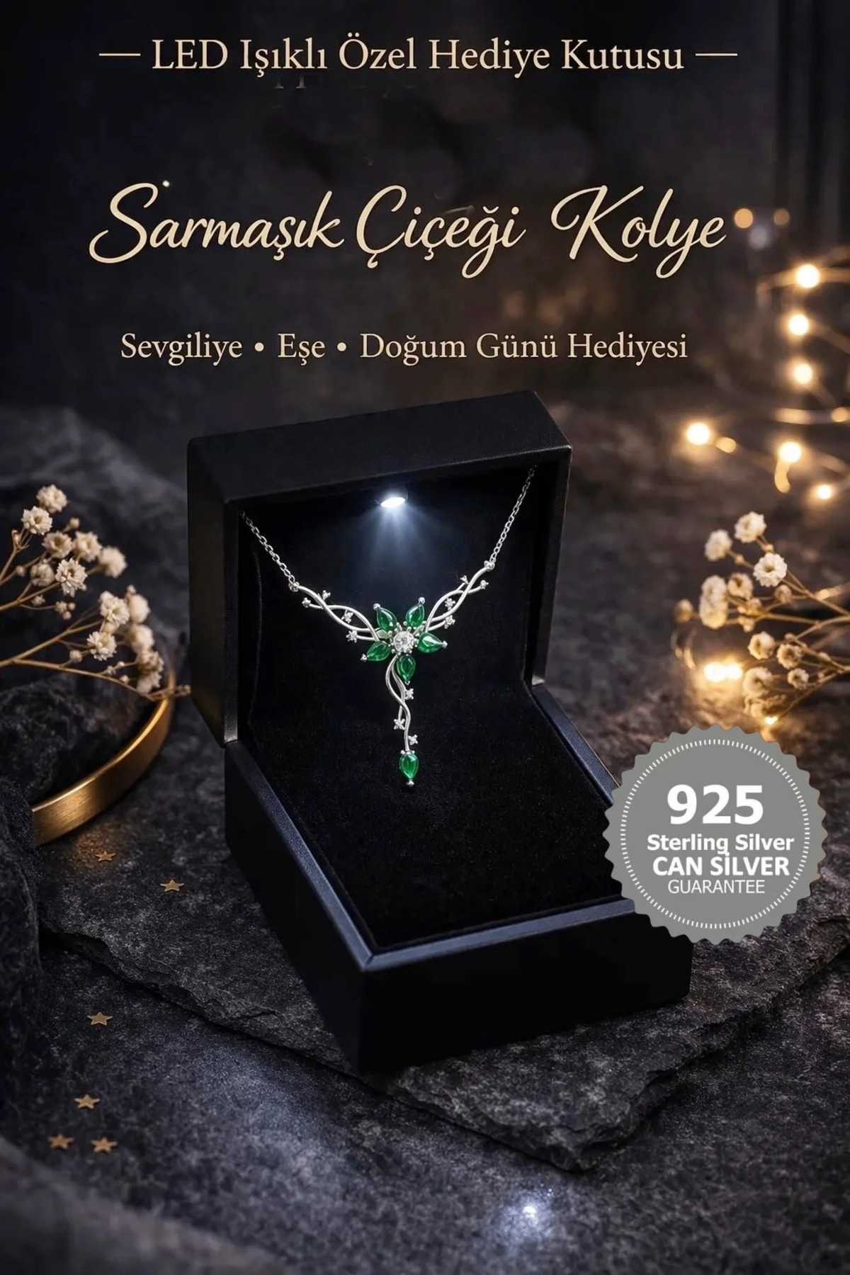 CAN SİLVER 925 Ayar Gümüş Zümrüt Zirkon Taşlı Sarmaşık Çiçeği Gümüş Kadın Kolye-Işıklı Kutuda Kolye