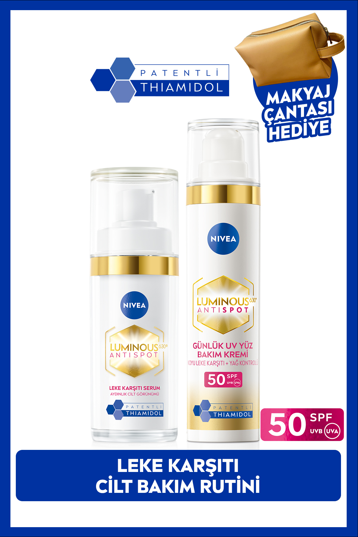 NIVEA SPF50 Luminous630 Leke Karşıtı Gündüz Yüz Kremi 40ml Ve Aydınlatıcı Cilt Serumu 30ml, Çanta Hediyeli — SET.NVE.881