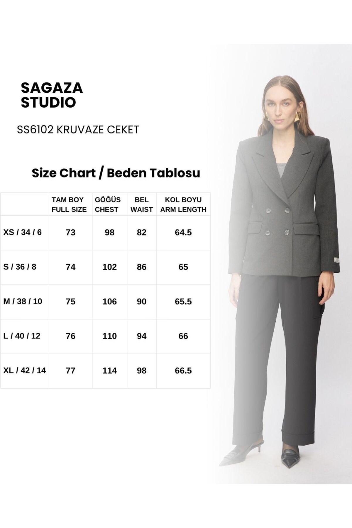 Sagaza Studio SS6102 Kruvaze Arkası Yırtmaclı Detaylı Ceket