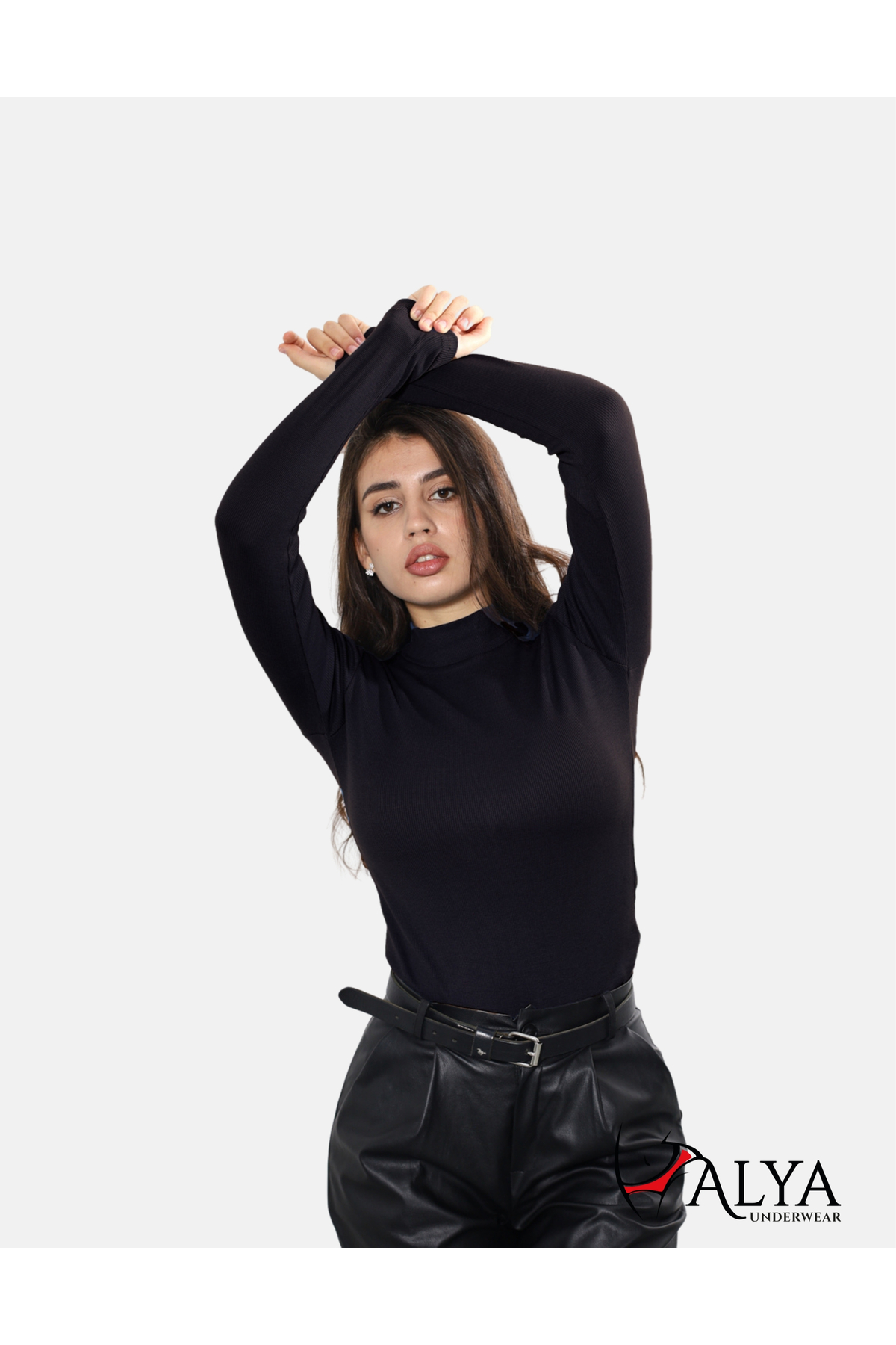 Camisole Half Throat Cotton Stretch Bodysuit Sweatshirt, Ribbed Fabric, Lycra, Black