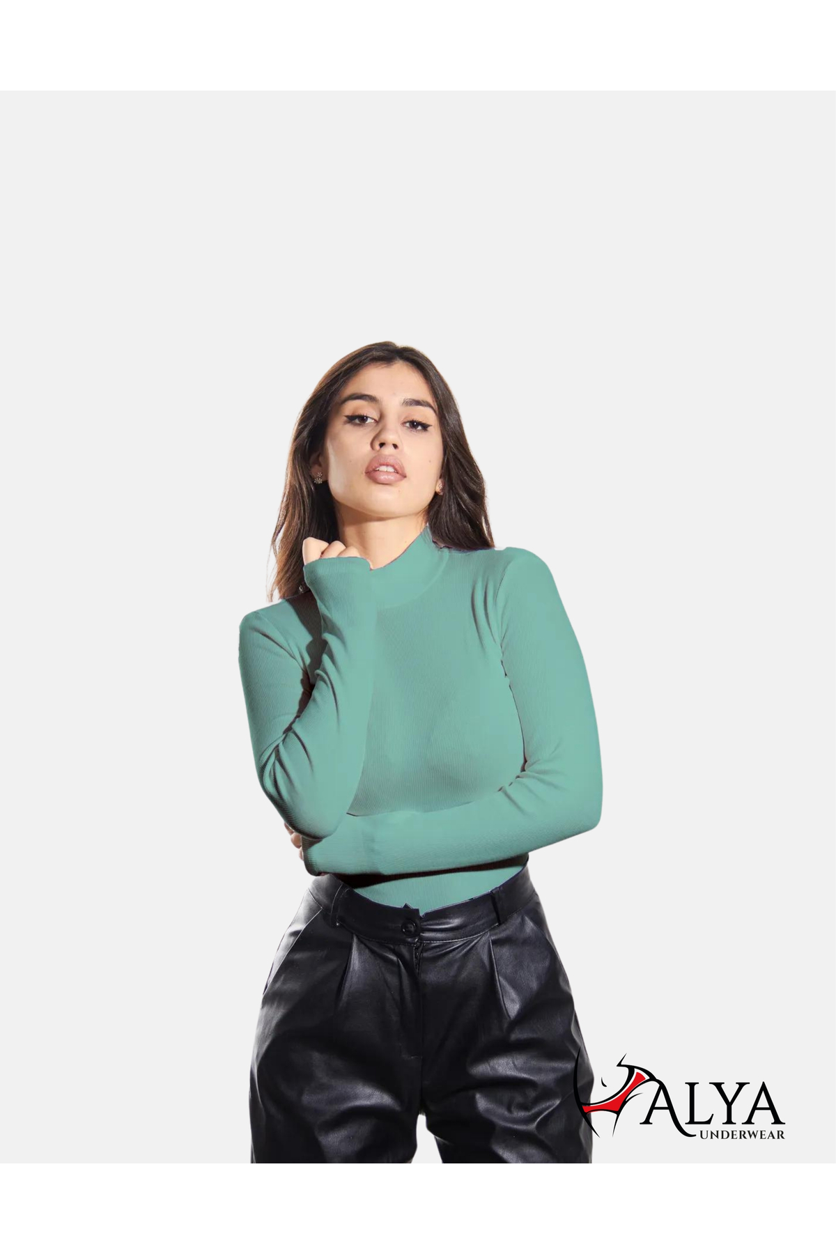 Half-Throat Camisole Bodysuit Sweatshirt, Ribbed Fabric, Lycra, Eucalyptus