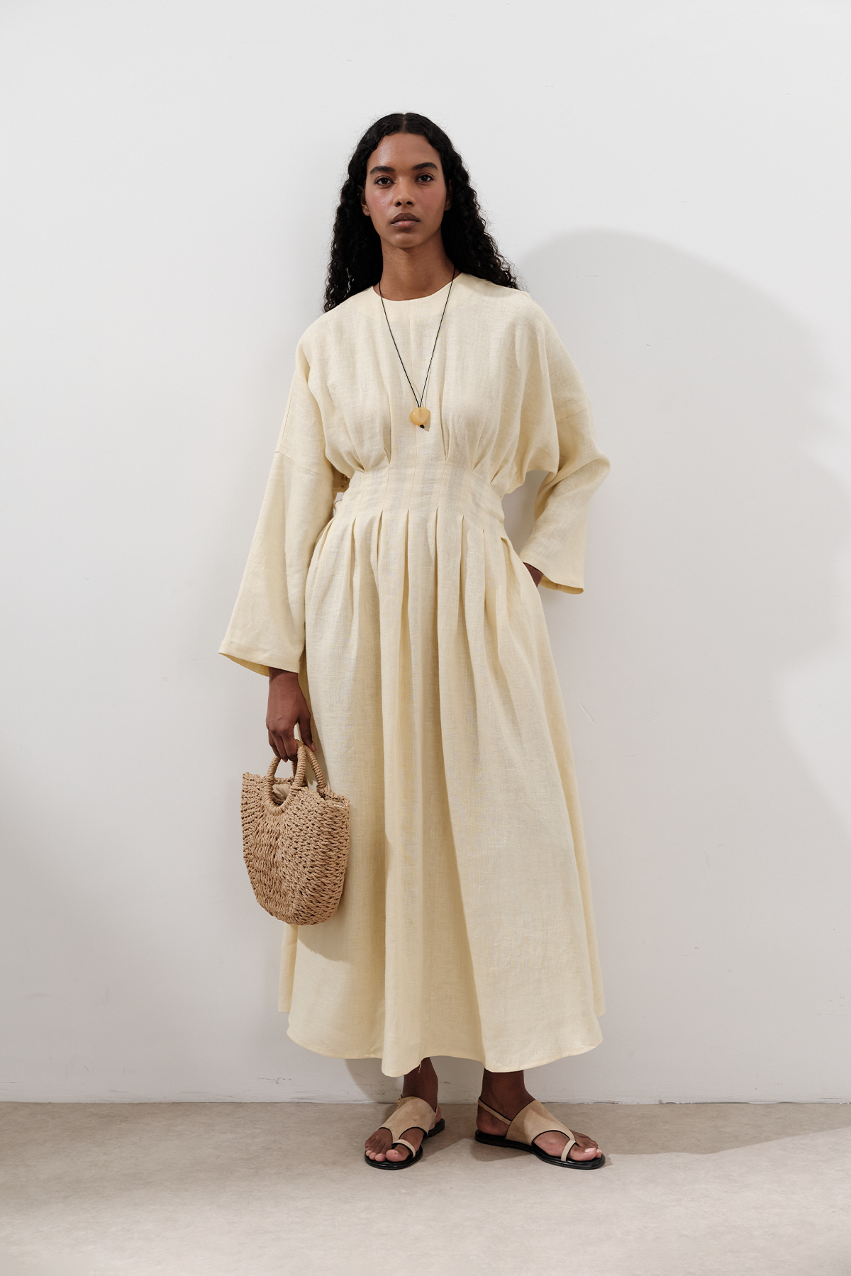 LINEN PLEAT DETAILED DRESS YELLOW
