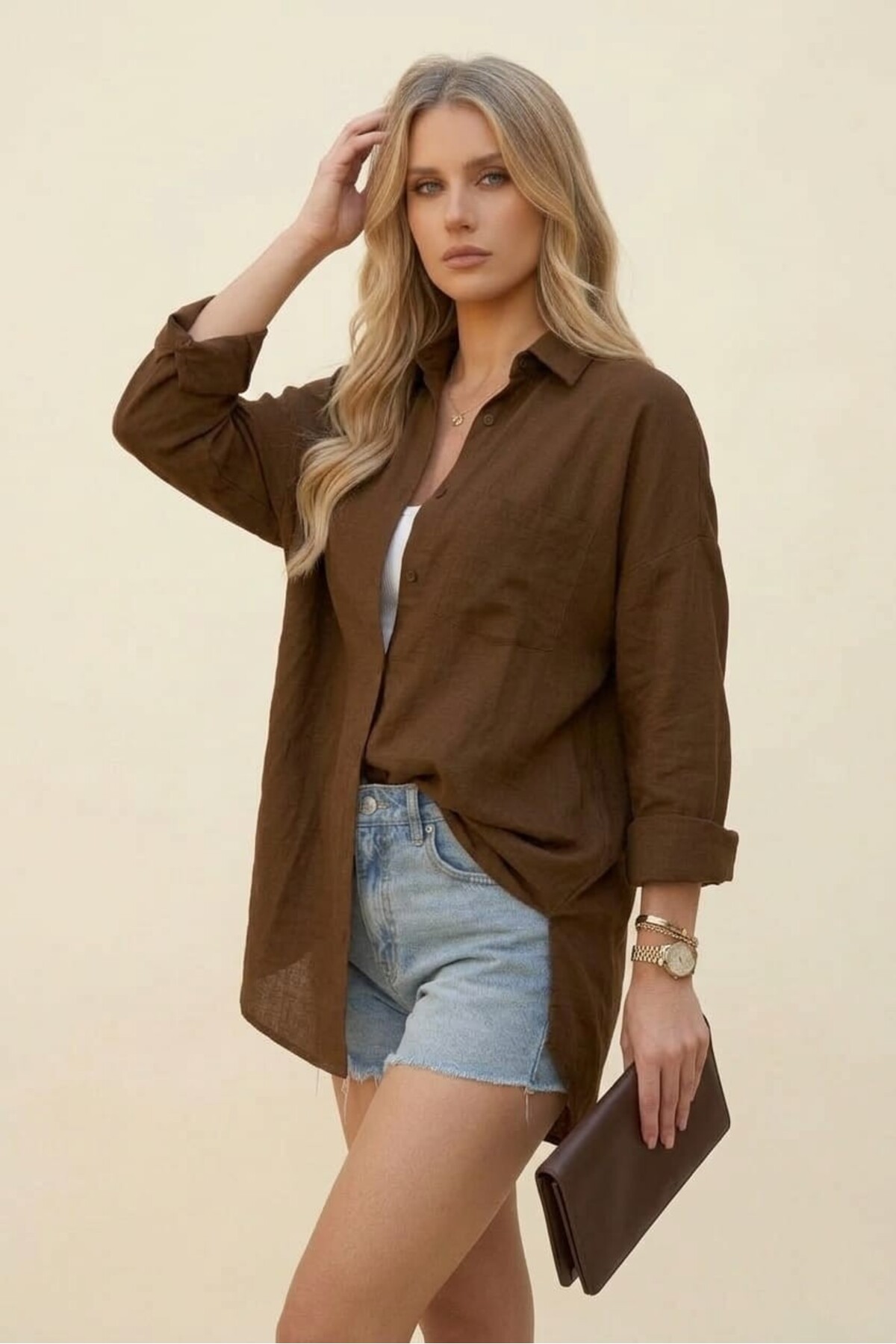 Modabenna  Koyukahve Oversize Yazlık Pamuk Keten Gömlek Cepli Trend Salaş Düşük Omuz Kadın - Görsel 6