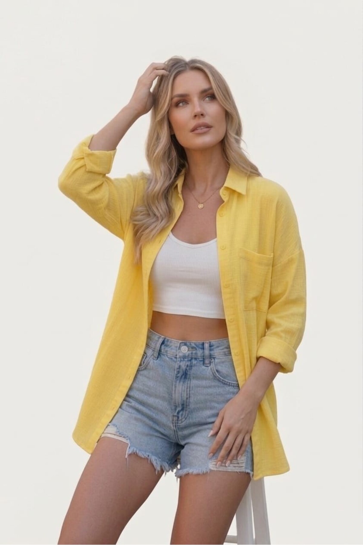 Yellow Oversize Summer Cotton Linen Shirt with Pocket Trend Shabby Low Shoulder Women