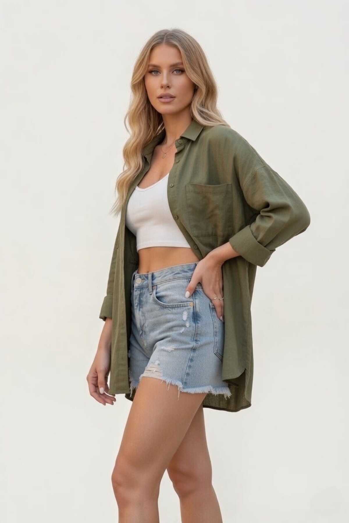 Modabenna  Haki Oversize Yazlık Keten Gömlek %100 Pamuk Cepli Trend Geniş Kalıp Düşük Omuz Kadın - Görsel 6