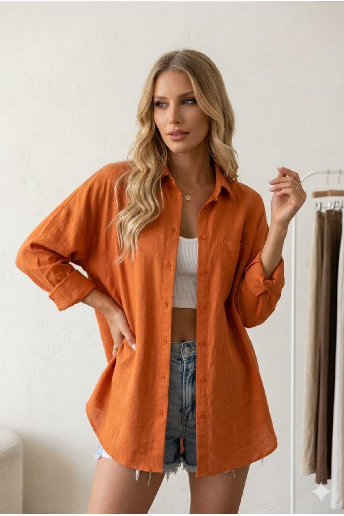 Modabenna  Turuncu Oversize Yazlık Pamuk Keten Gömlek Cepli Trend Salaş Düşük Omuz Kadın