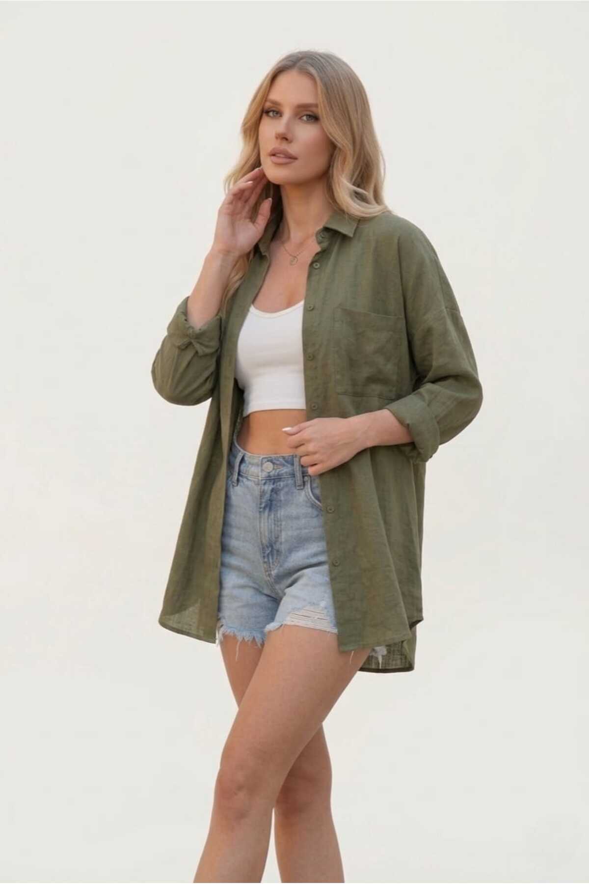 Modabenna  Haki Oversize Yazlık Keten Gömlek %100 Pamuk Cepli Trend Geniş Kalıp Düşük Omuz Kadın - Görsel 7