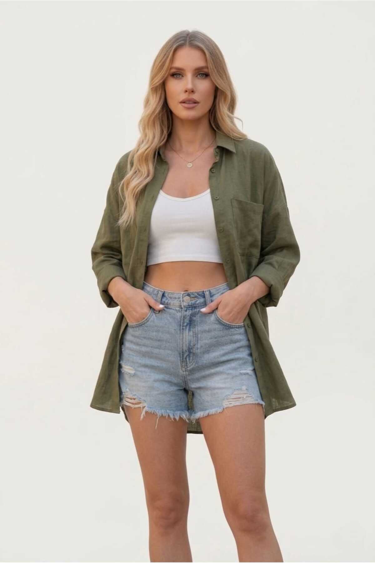 Modabenna  Haki Oversize Yazlık Keten Gömlek %100 Pamuk Cepli Trend Geniş Kalıp Düşük Omuz Kadın - Görsel 3