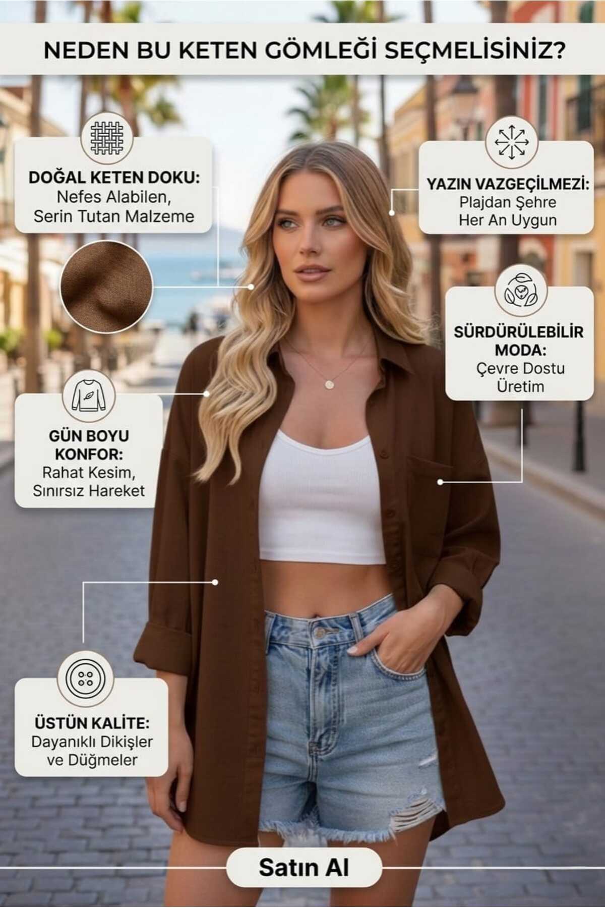 Modabenna  Koyukahve Oversize Yazlık Pamuk Keten Gömlek Cepli Trend Salaş Düşük Omuz Kadın - Görsel 3