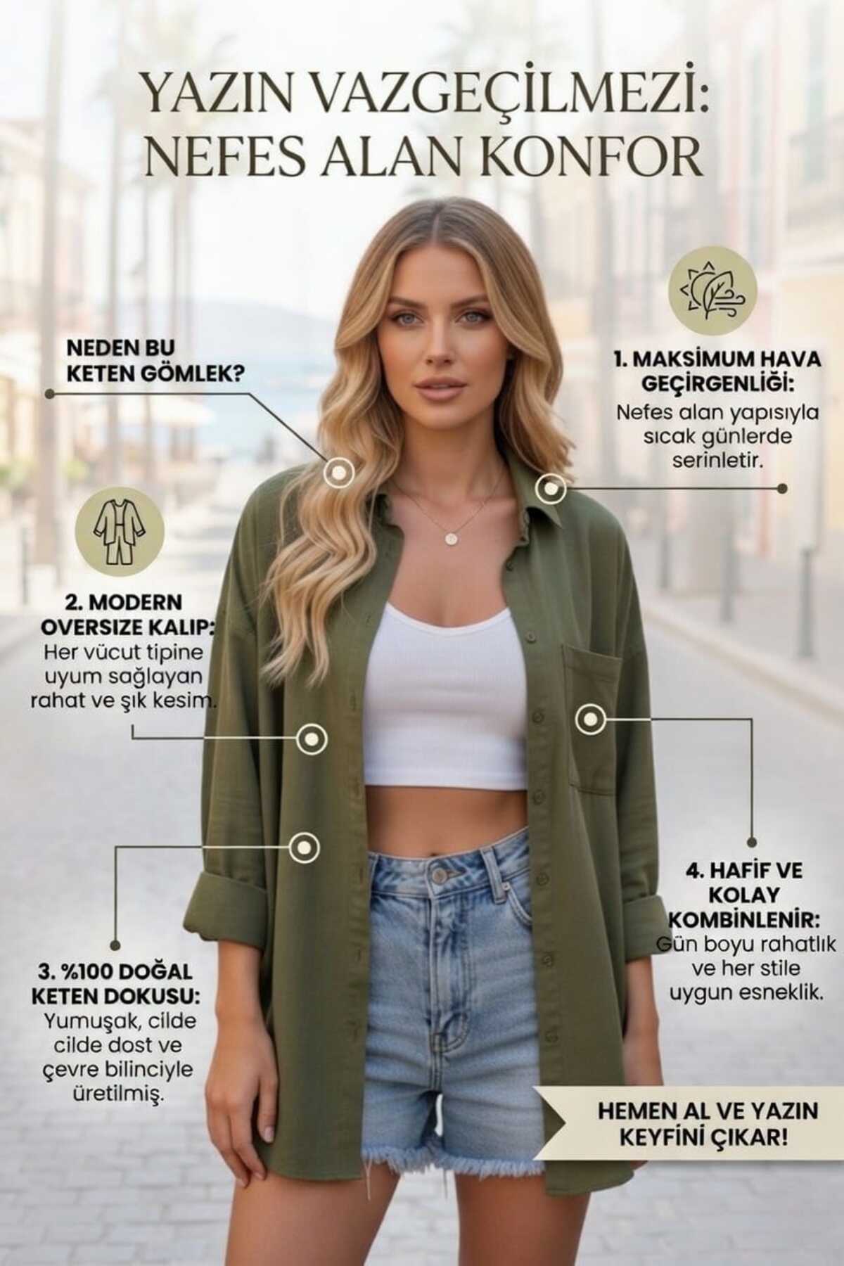 Modabenna  Haki Oversize Yazlık Keten Gömlek %100 Pamuk Cepli Trend Geniş Kalıp Düşük Omuz Kadın - Görsel 4