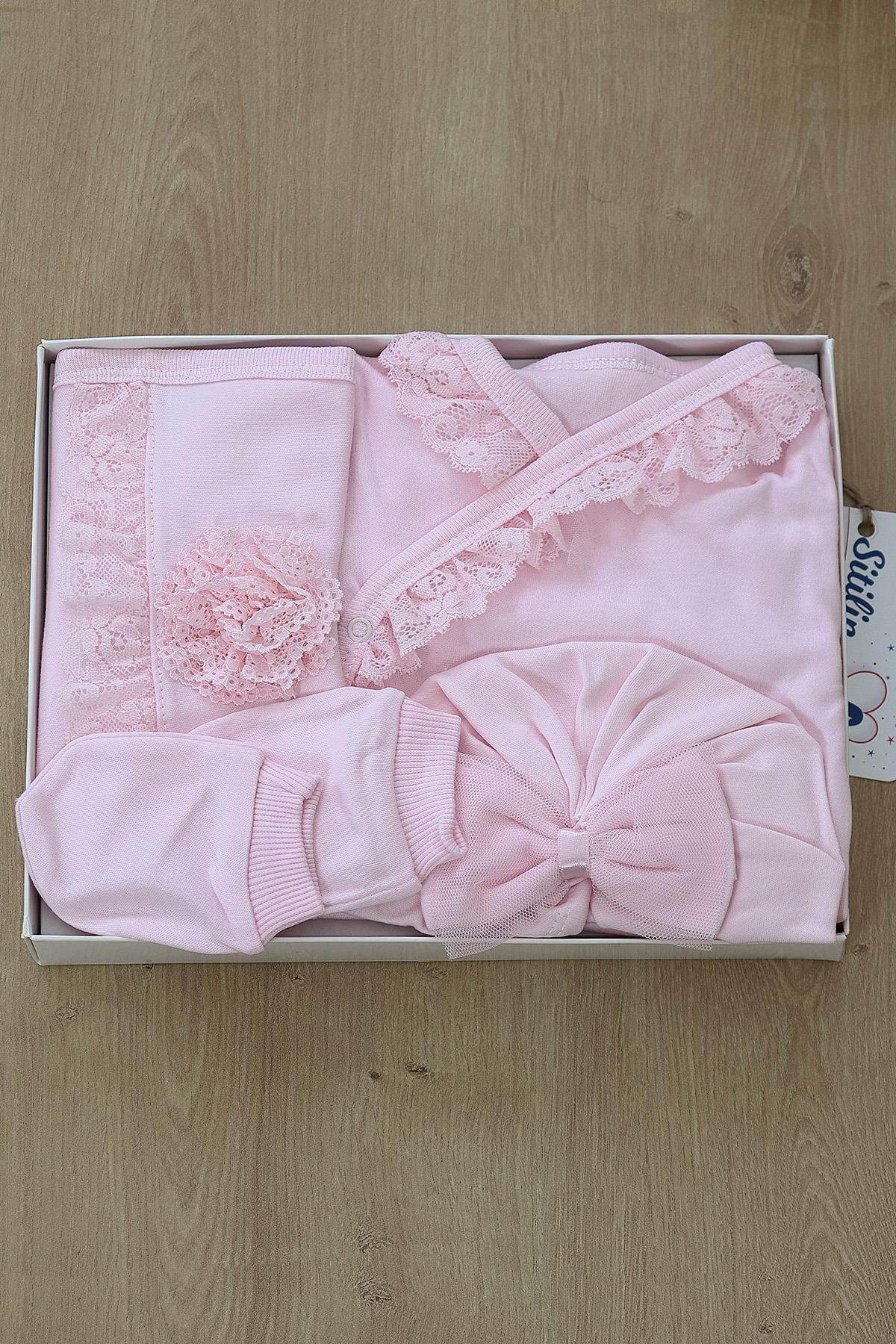 Sitilin Kız Bebek Dantelli Lüks Fistolu Süslü 5 Li Hastane Çıkışı %100 Pamuk Yenidoğan Seti fotoğrafı 7 (önizleme)