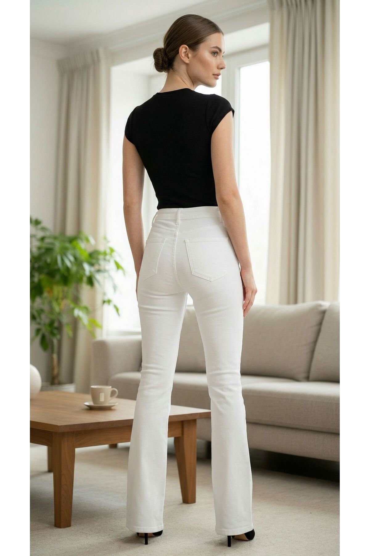 comfort jeans  Beyaz Likralı Yüksek Bel Ispanyol Jeans Pantolon - Görsel 2