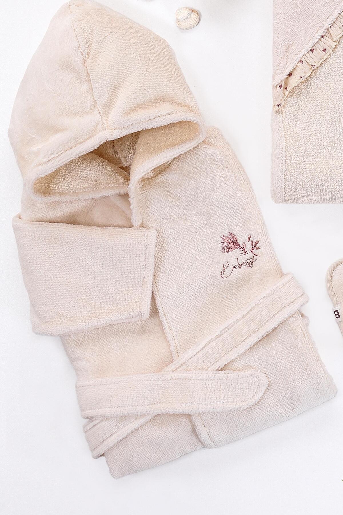 Sitilin Kız Erkek Bebek Unisex Lüks Bornoz Takımı  Havlu Seti % 100 Pamuk Kumaş 0- 2 Yaş STL6579 fotoğrafı 2 (önizleme)