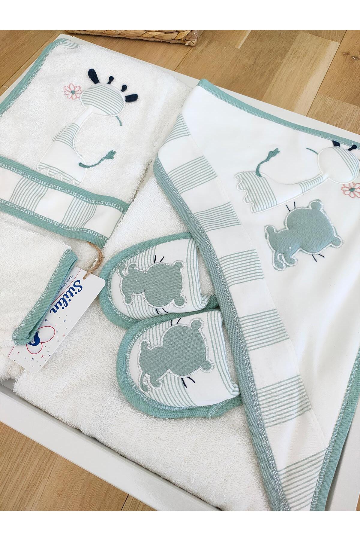 Sitilin Kız Erkek Bebek Yeşil Bornoz Takımı Havlu Seti % 100 Pamuk Kumaş STL5037 fotoğrafı 3 (önizleme)