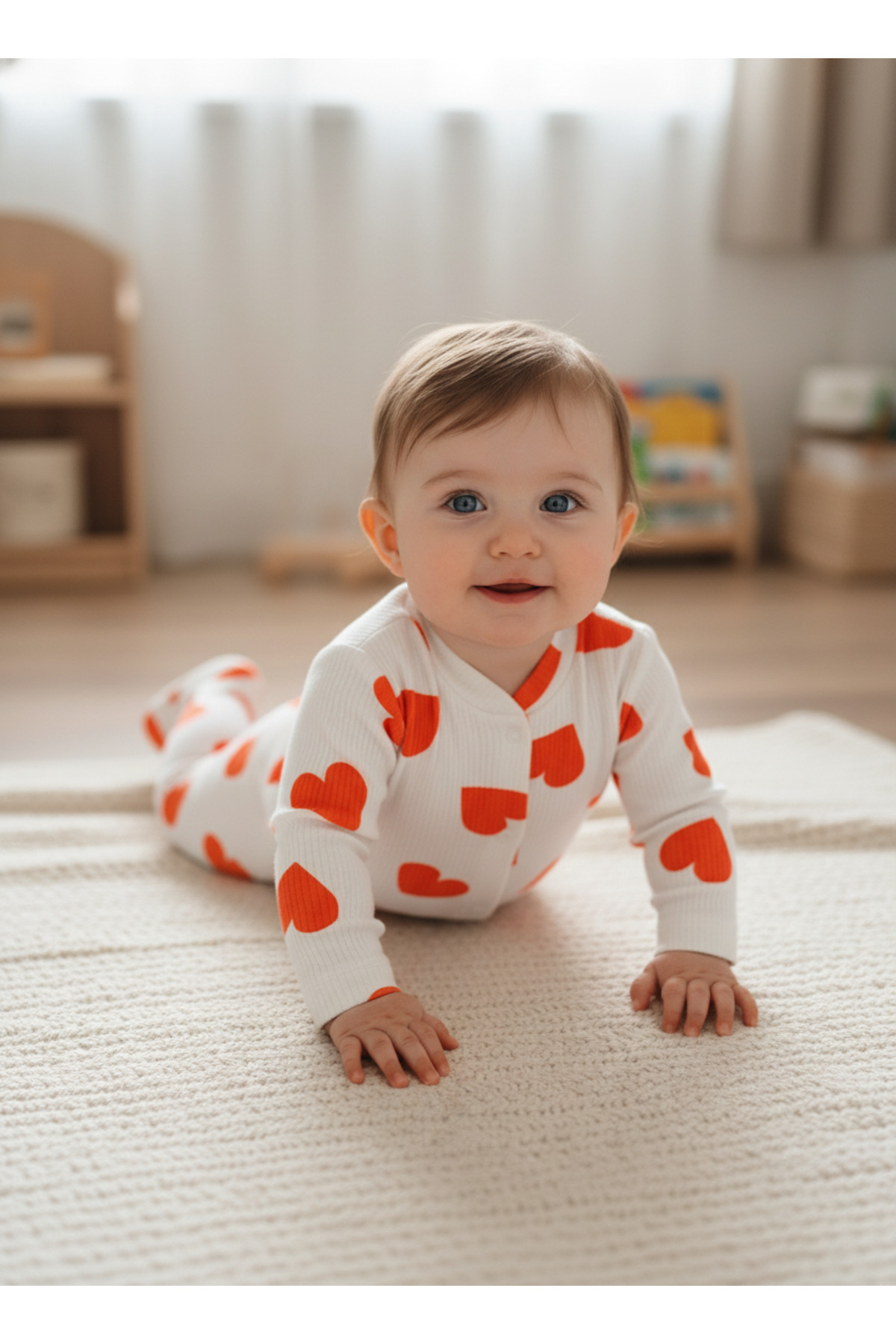 minço bebe Yenidoğan Kalp Baskılı Çıtçıtlı Kız Erkek Patikli Beyaz Bebek Tulumu %100 Pamuk Esnek 1-3-6 Aylık fotoğrafı 3 (önizleme)