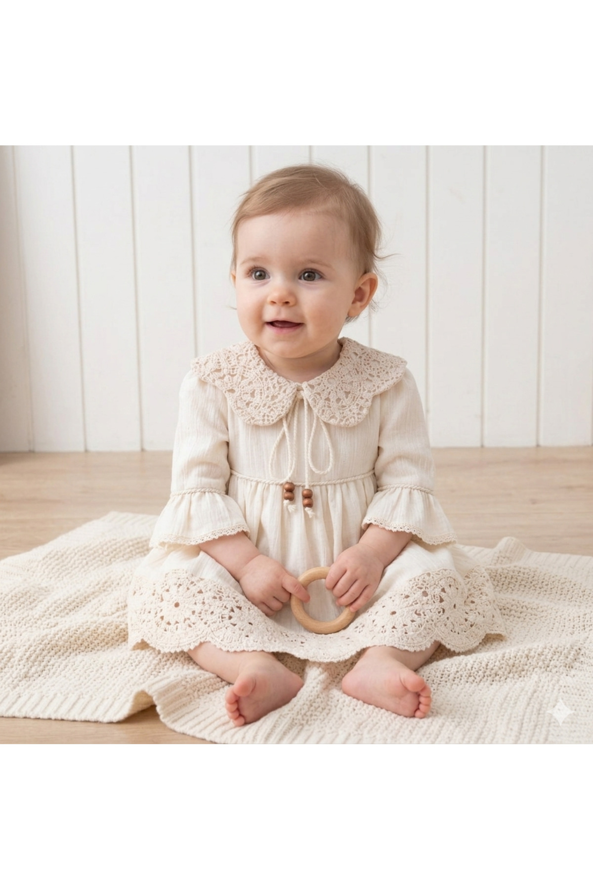 DIDuStore Dantel Yaka ve Etek Detaylı Vintage İlhamlı Bej Kız Bebek Elbisesi fotoğrafı 2 (önizleme)