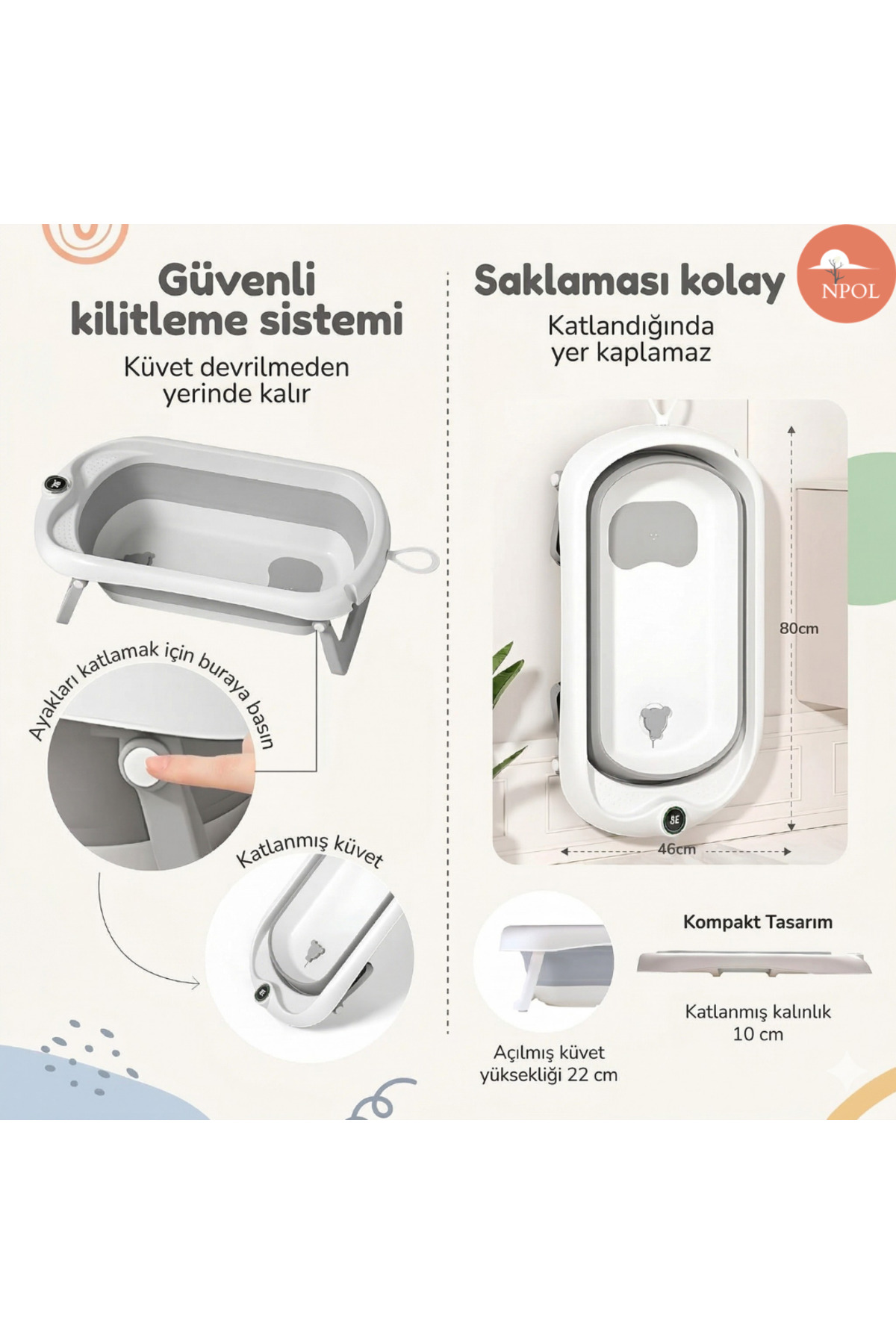 NPOL Katlanabilir Termometreli Bebek Küveti, Kaymaz Banyo Yastığı - Yenidoğan Bebekler İçin Küvet fotoğrafı 4 (önizleme)