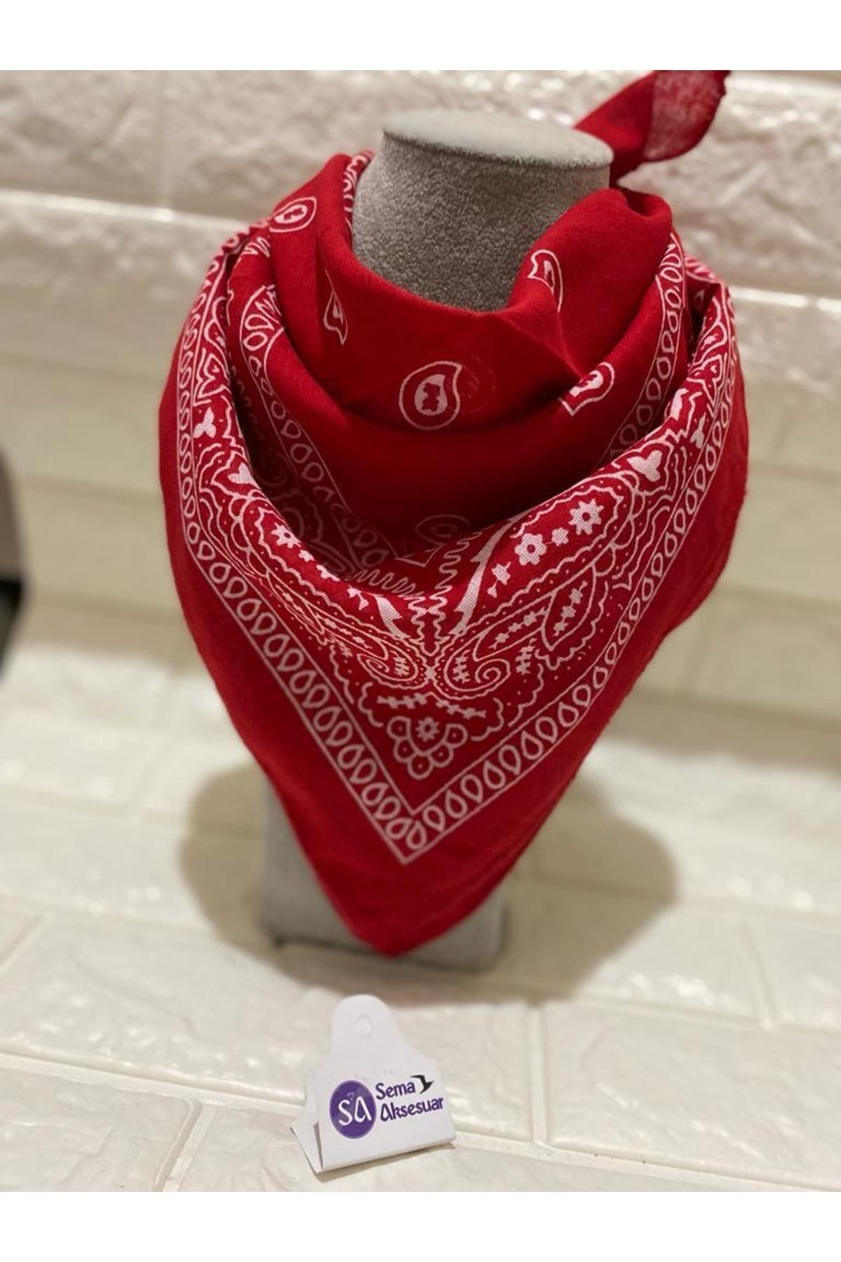 sema aksesuar Kırmızı %100 Pamuk Unisex Etnik Desenli Bandana- Fular -Yeni Yıl Hediyesi yıl başı hediyesi görsel 2
