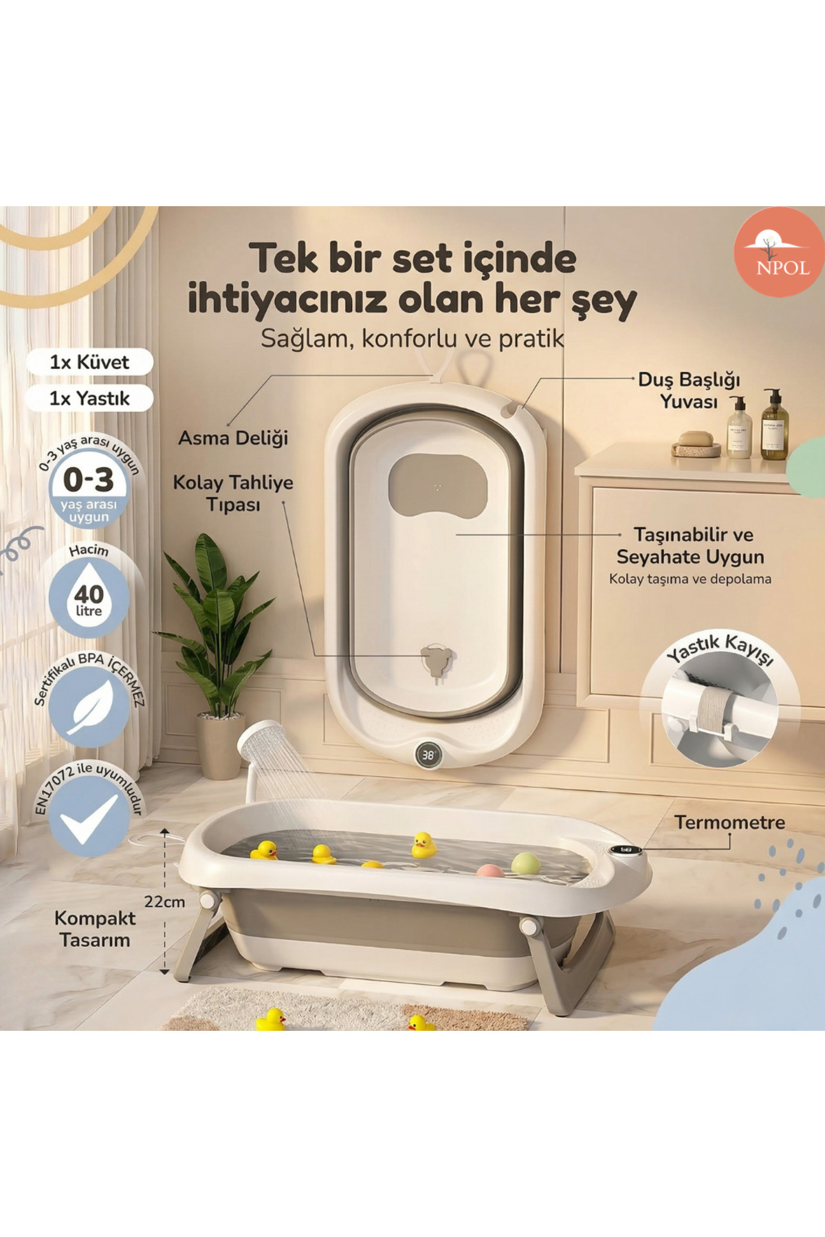 NPOL Katlanabilir Termometreli Bebek Küveti, Kaymaz Banyo Yastığı - Yenidoğan Bebekler İçin Küvet fotoğrafı 2 (önizleme)