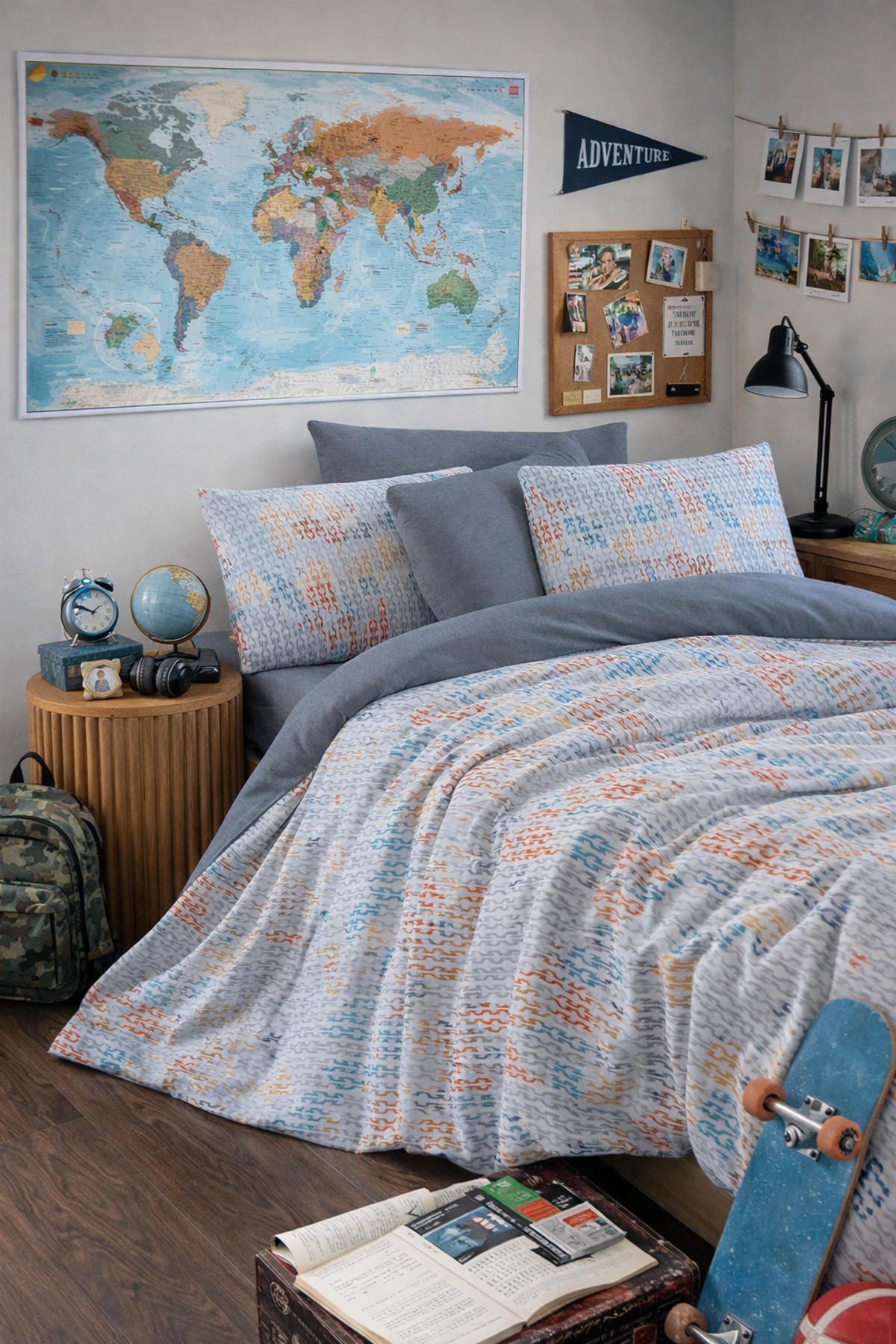 MyStory Home Lastikli Çarşaflı Çift Kişilik Nevresim Takımı Maps fotoğrafı 2 (önizleme)