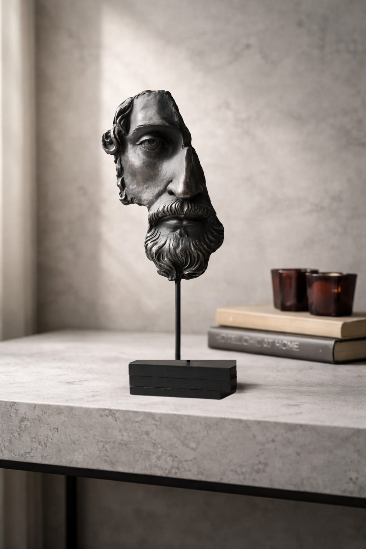 Metal Pedestal Half Face Statue of Zeus Home Decor Busts Oversized Sculpture 35cm