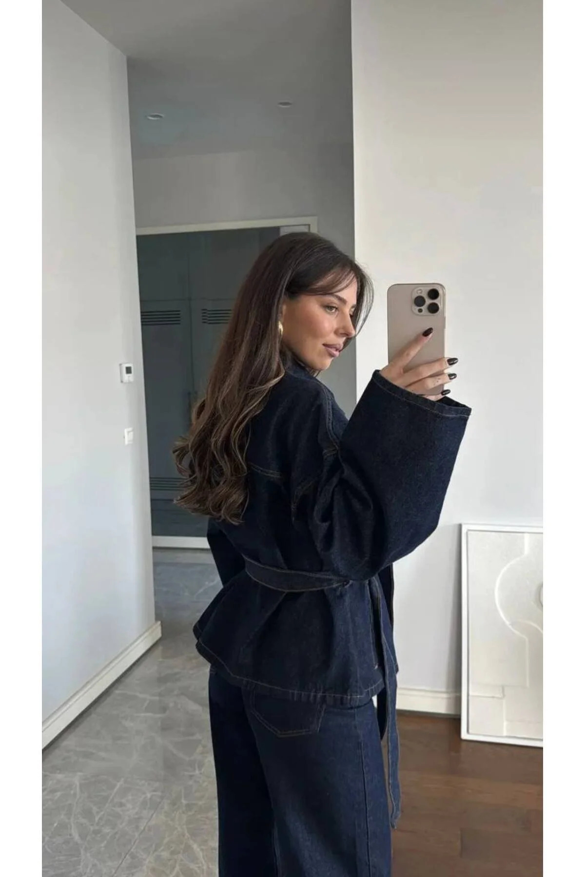Koyu Lacivert Belden Bağlamalı Oversize Denim Takım Ceket Pantolon