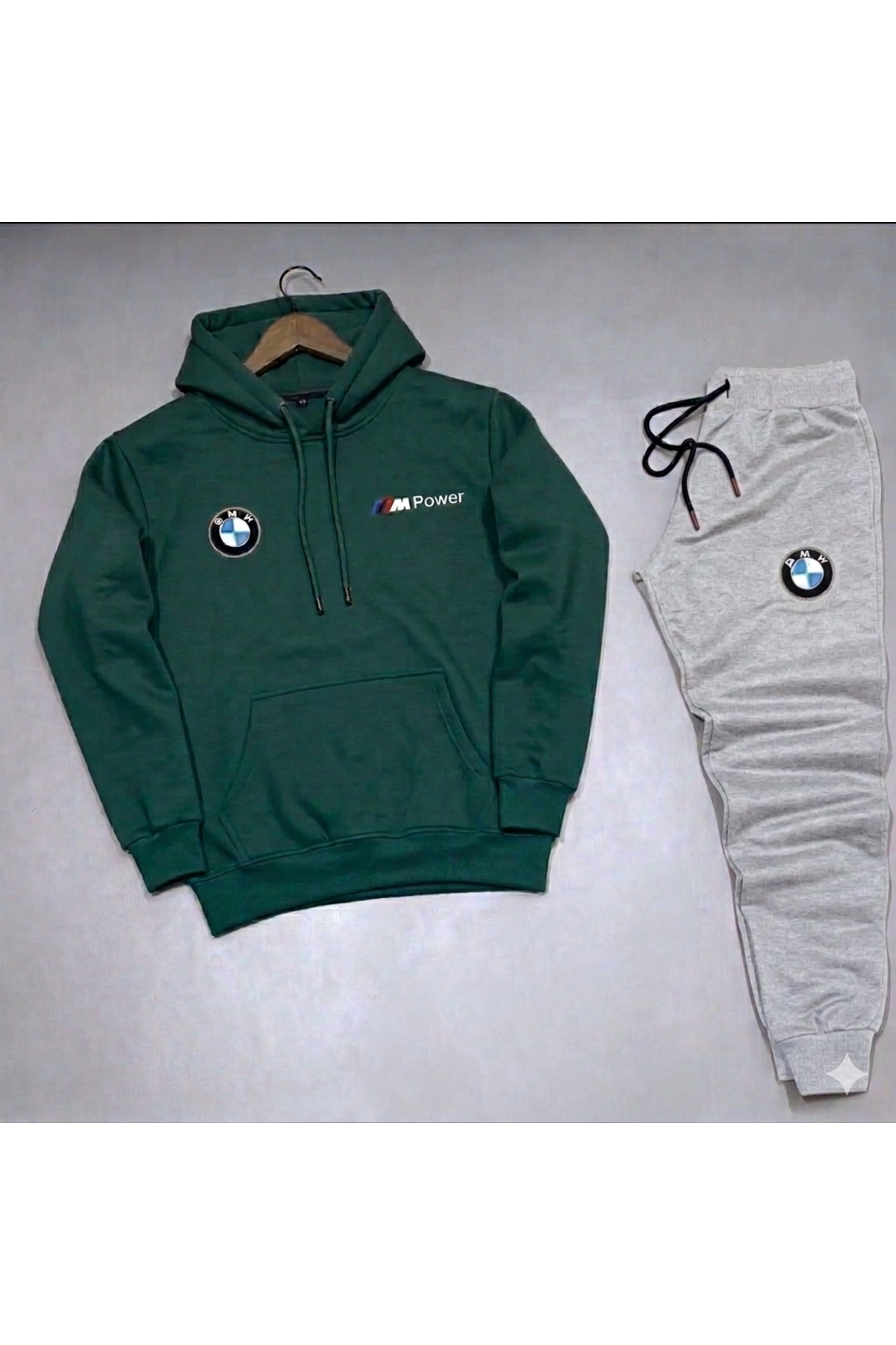 Half Zippered BMW Printed Cotton Green Sweat- Cotton Sweatpants Set Bottom Top 2pcs