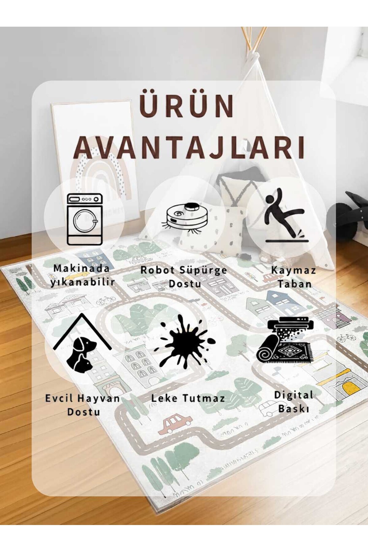 Gökotta Dijital Baskılı Makinede Yıkanabilir Çocuk Halısı Kaymaz Taban Halı fotoğrafı 4 (önizleme)