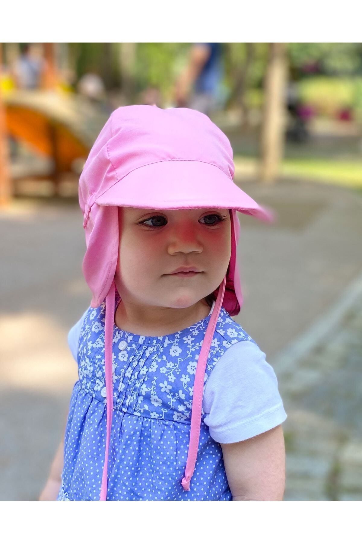 yorni Pembe, Ense Korumalı, Boyundan Bağlamalı, Lastikli Ayar Tokalı Çocuk Bebek Güneş Şapka fotoğrafı 5 (önizleme)