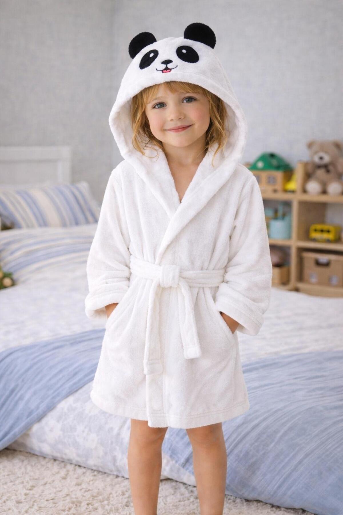 PAMUK HANIM Kapşonlu Pamuklu Havlu Yumuşacık Kız-erkek Çocuk Bornozu Beyaz / Panda fotoğrafı 2 (önizleme)