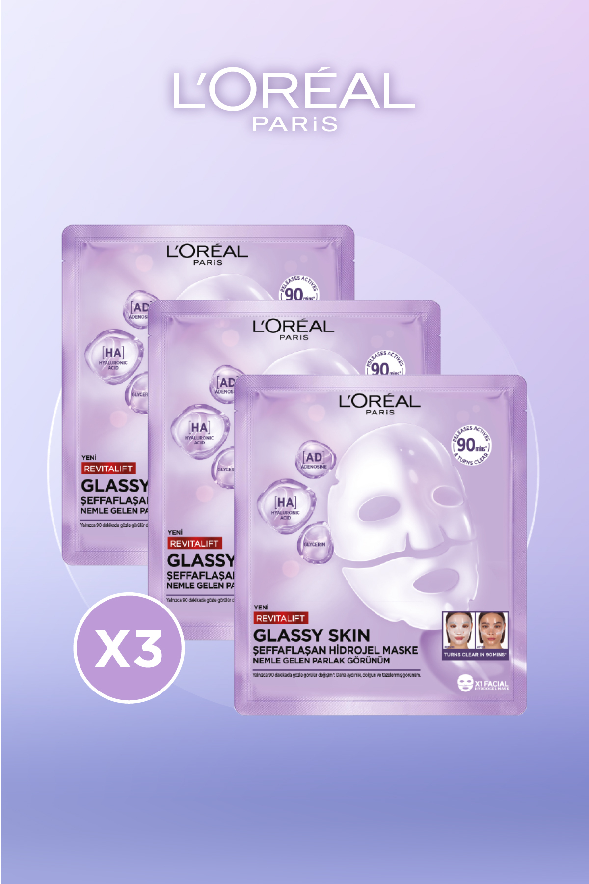 L'Oreal Paris 3 'lü Revitalift Glassy Skin Cam Cilt Görünümü Etkili Şeffaflaşan Işıltı & Nem Veren Hidrojel Maske — PKTREVGLASSYMASKE