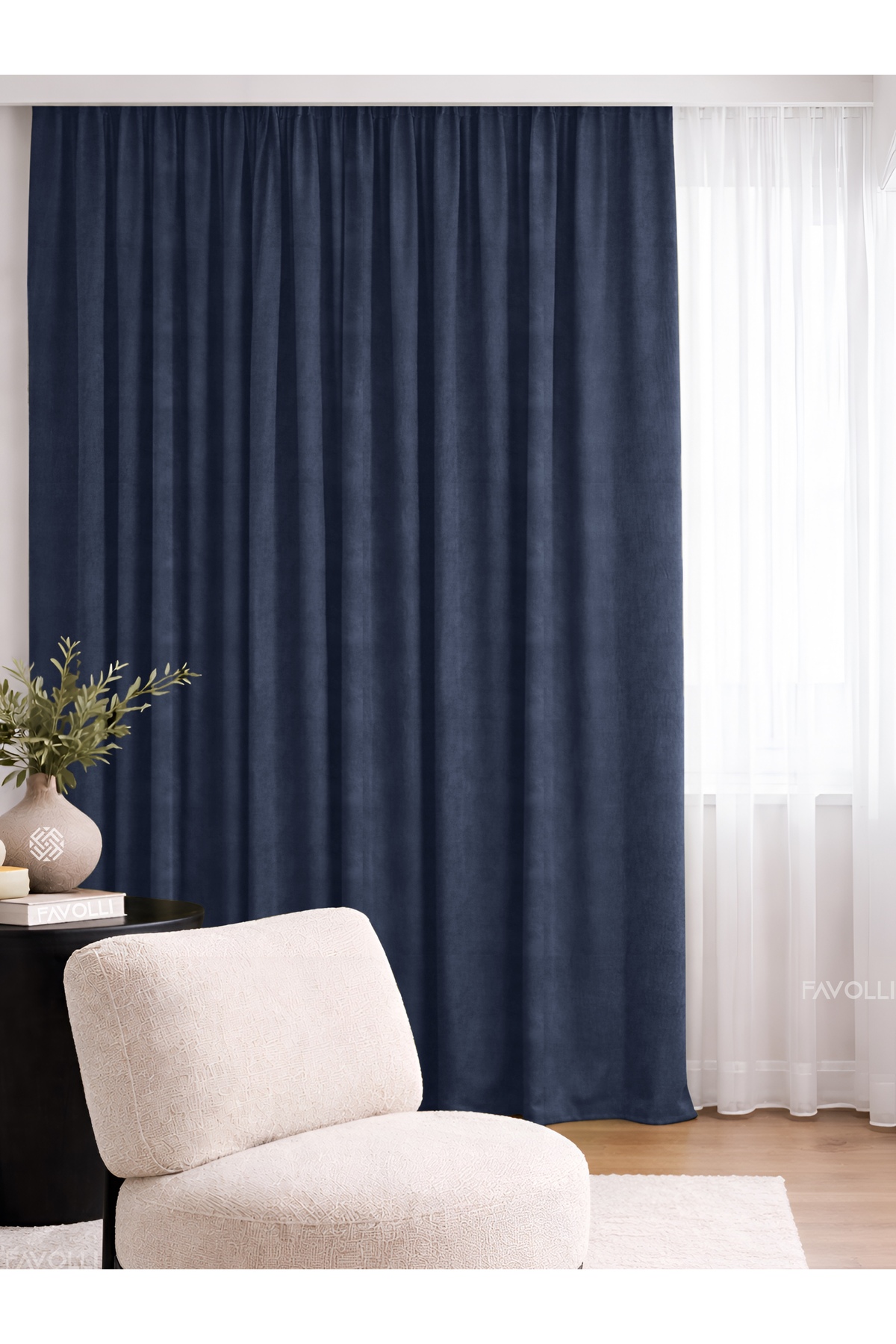 Velvet Textured Navy Blue Island Background Curtain Extrafor Shirred Dream Series