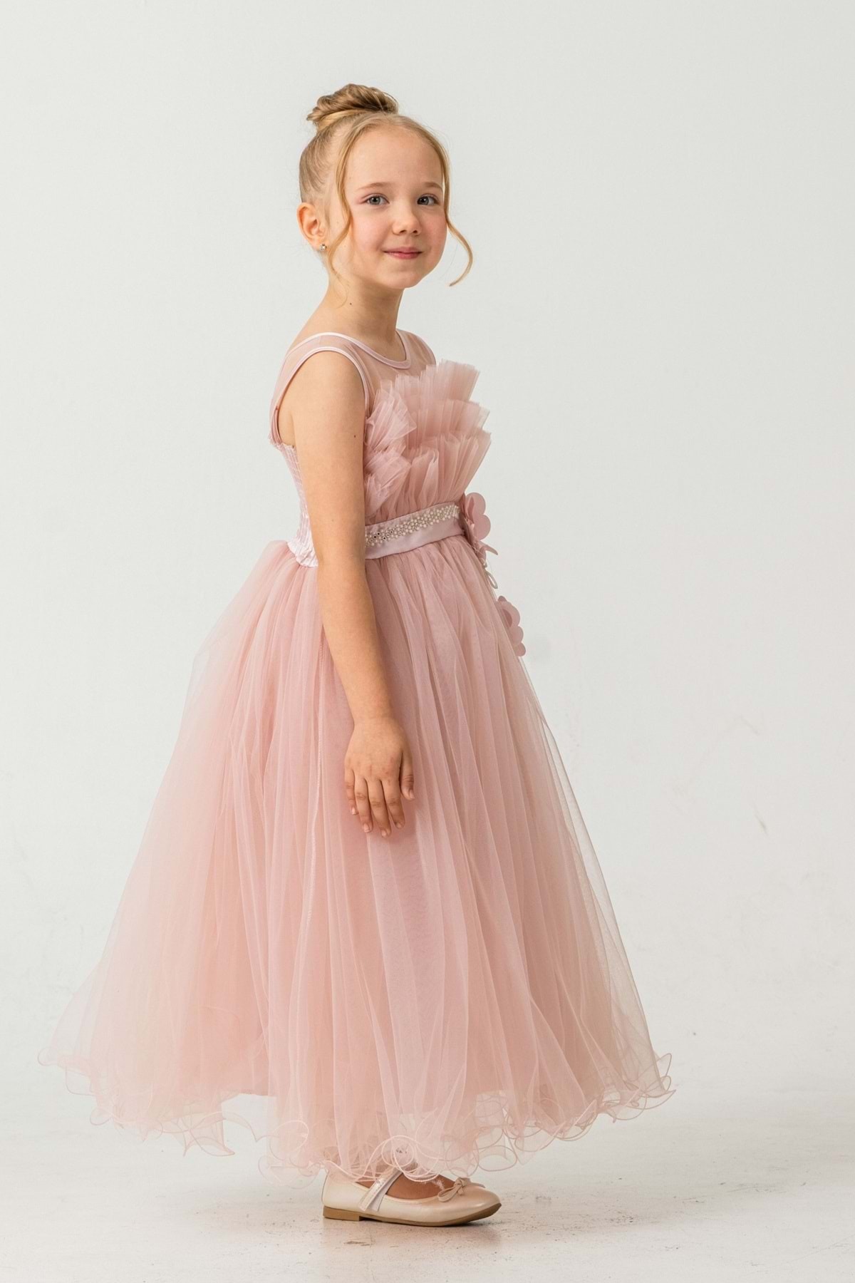 Mnk Baby&Kids Kız Çocuk Robası Katlı Özel Gün Abiye Elbise MNK0475 PUDRA fotoğrafı 3 (önizleme)