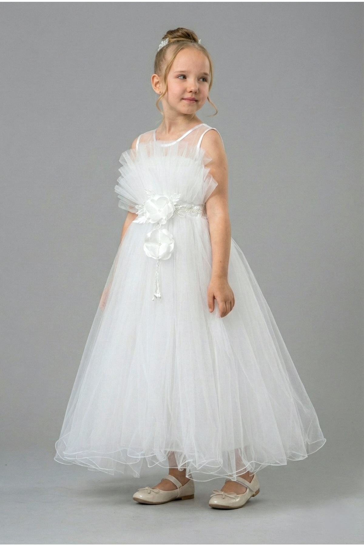 Mnk Baby&Kids Kız Çocuk Robası Katlı Özel Gün Abiye Elbise MNK0475 BEYAZ fotoğrafı 6 (önizleme)