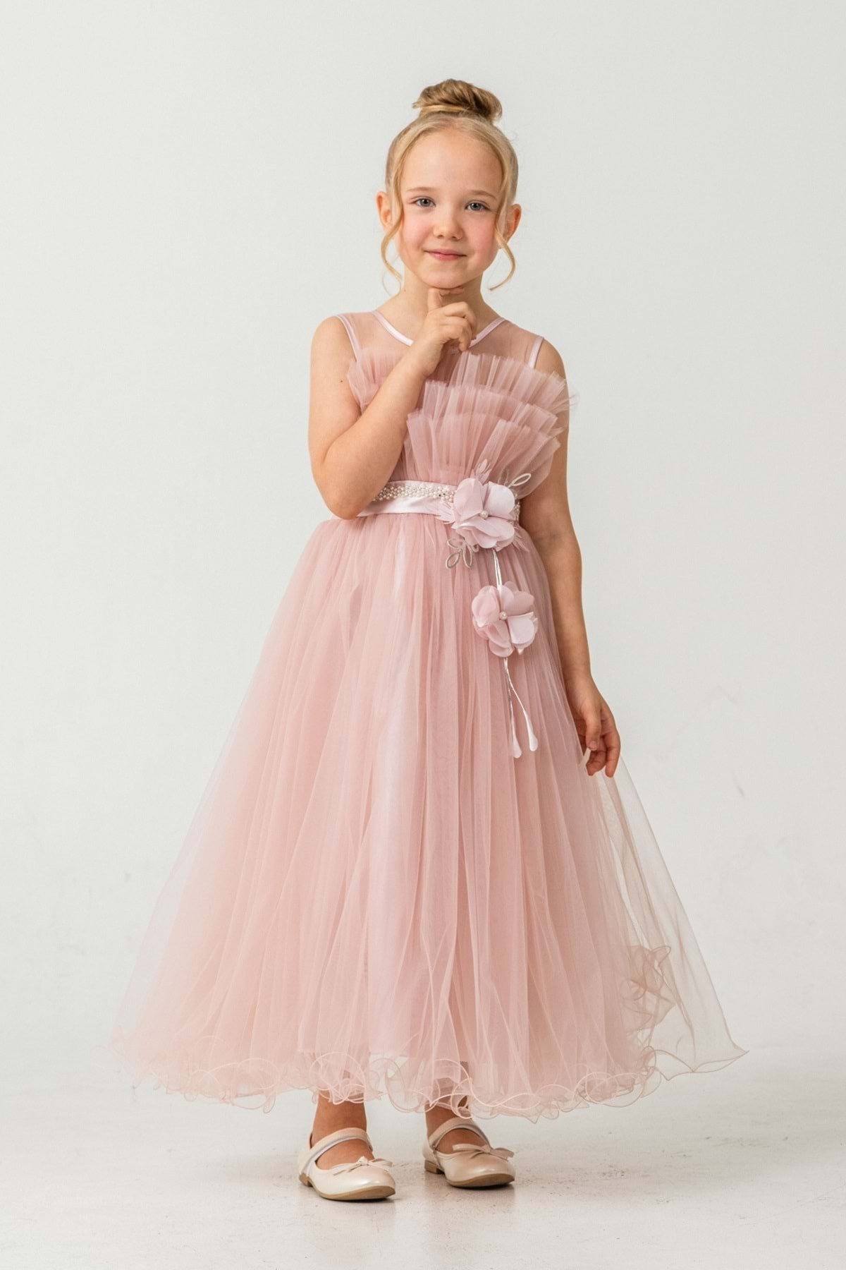 Mnk Baby&Kids Kız Çocuk Robası Katlı Özel Gün Abiye Elbise MNK0475 PUDRA fotoğrafı 2 (önizleme)