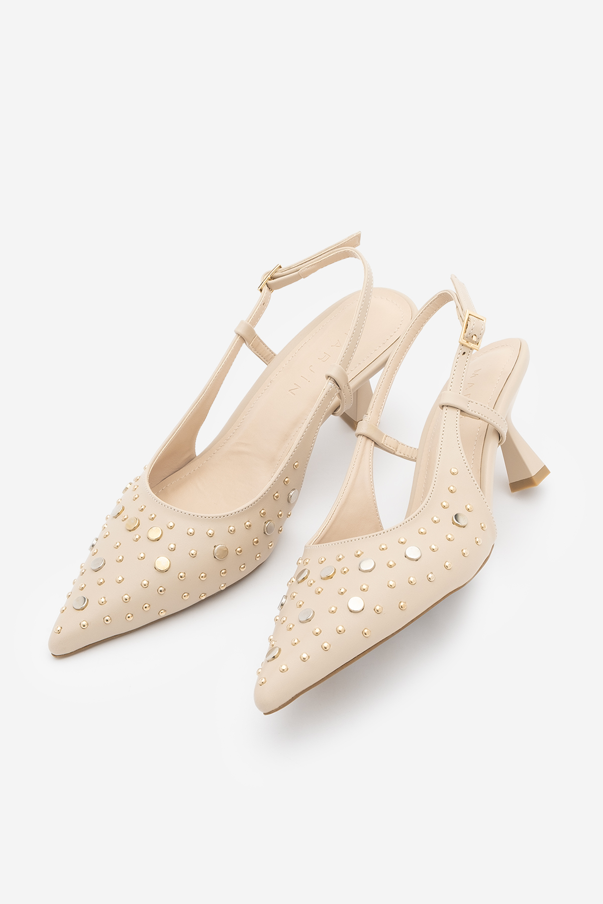 Women's Stiletto Pointed Toe Stapled Trojan Back Open Classic Heeled Shoes Rofen Beige