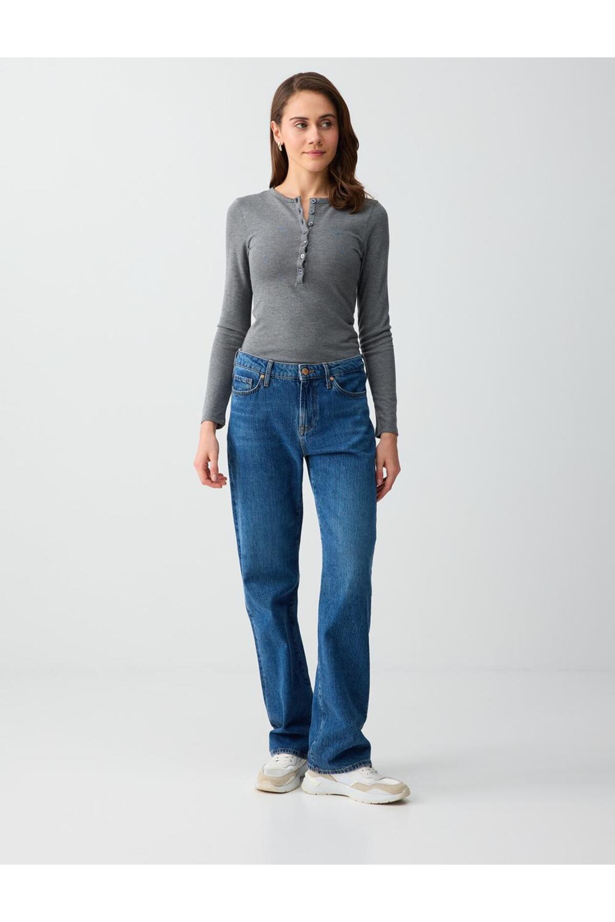 Jimmy Key  Antrasit Dar Kesim Bisiklet Yaka Düğme Detaylı Örme Bluz - Görsel 2