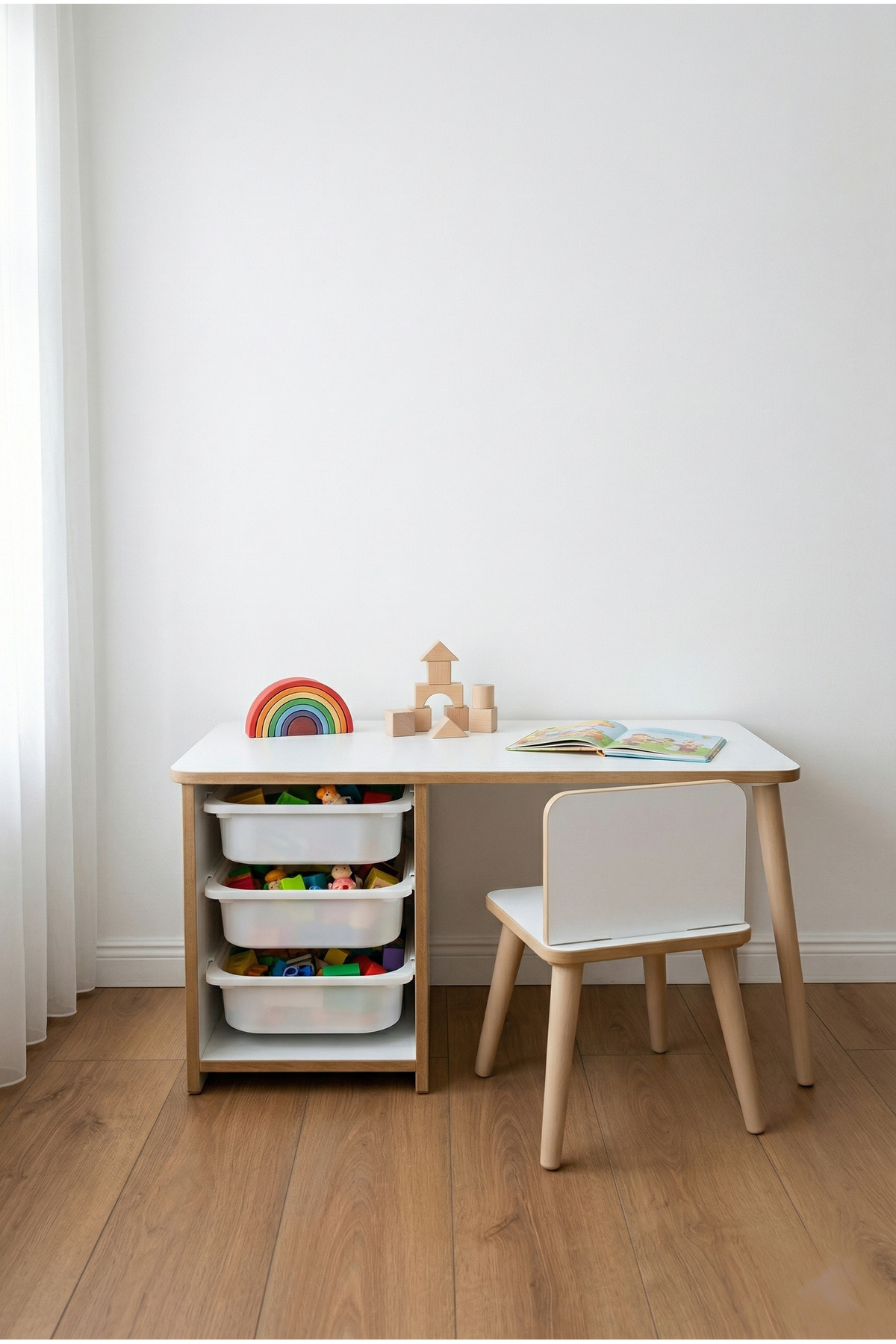 POFİTTO Çocuk Masa Sandalye Takımı 90x45 Cm 3 Sepetli Çocuk Çalışma Masası Aktivite Masası Yaz-sil fotoğrafı 3 (önizleme)