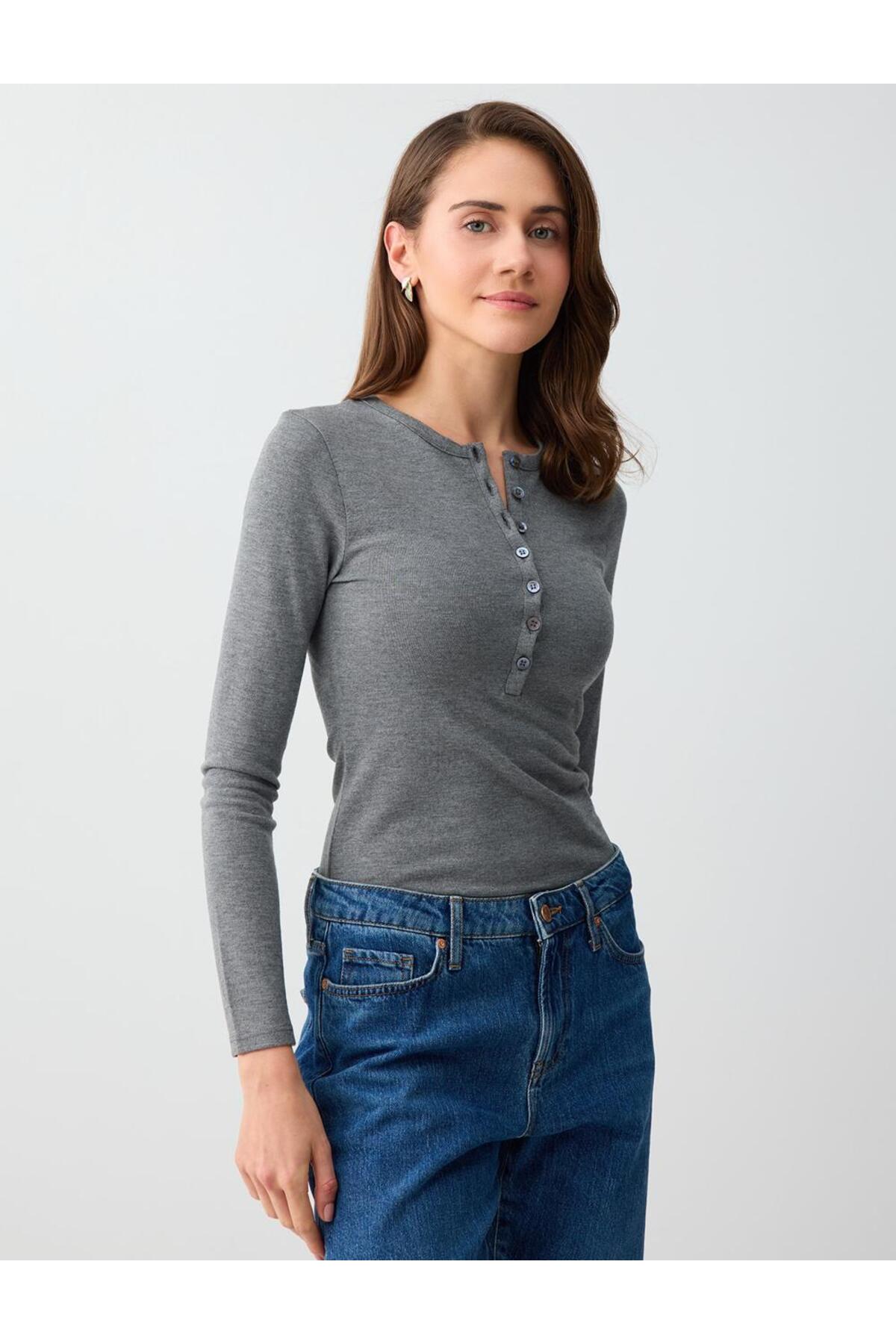 Jimmy Key  Antrasit Dar Kesim Bisiklet Yaka Düğme Detaylı Örme Bluz
